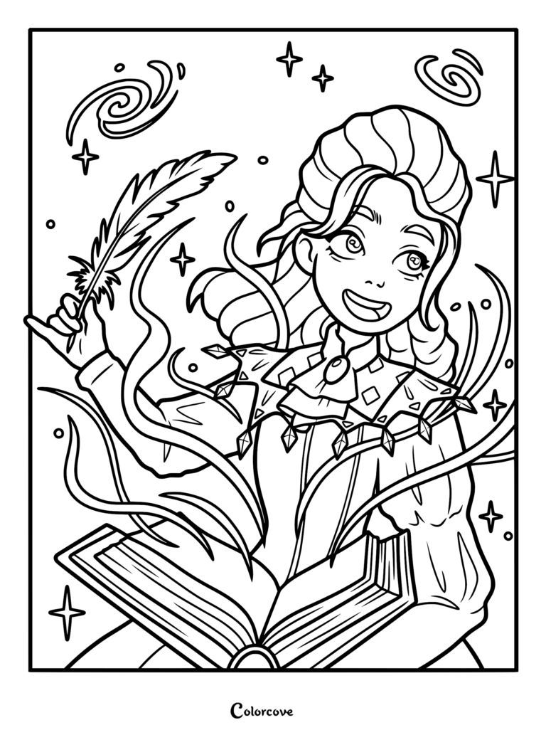 Frankelda holding a feather quill with magical energy swirling from an open book, celestial stars and galaxies background coloring page.