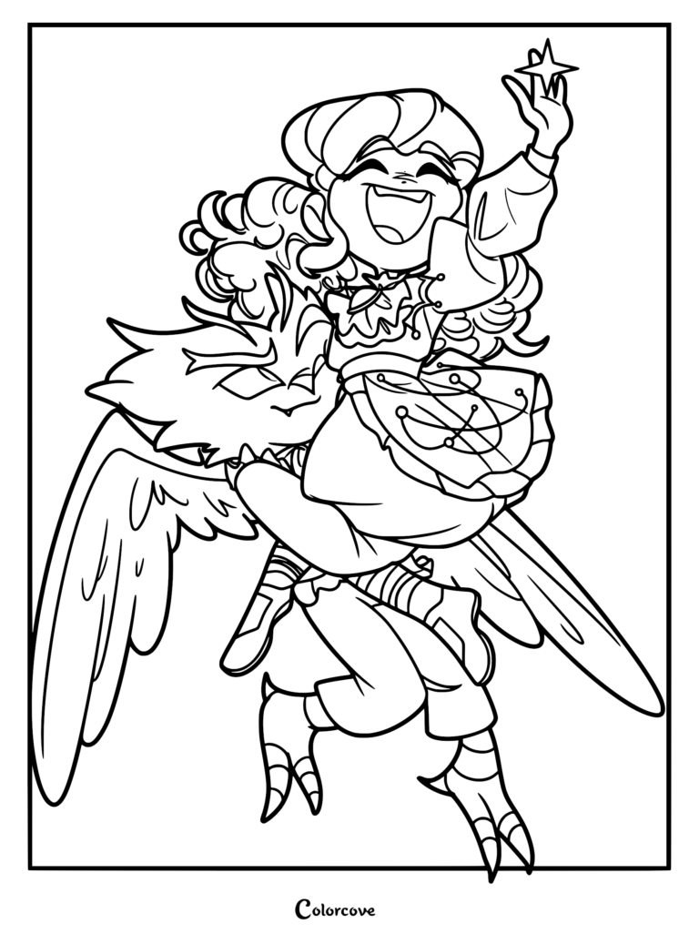 A printable coloring page featuring Frankelda with curly hair laughing while being carried by the eagle-like prince Herneil through the sky, reaching for a four-pointed star.