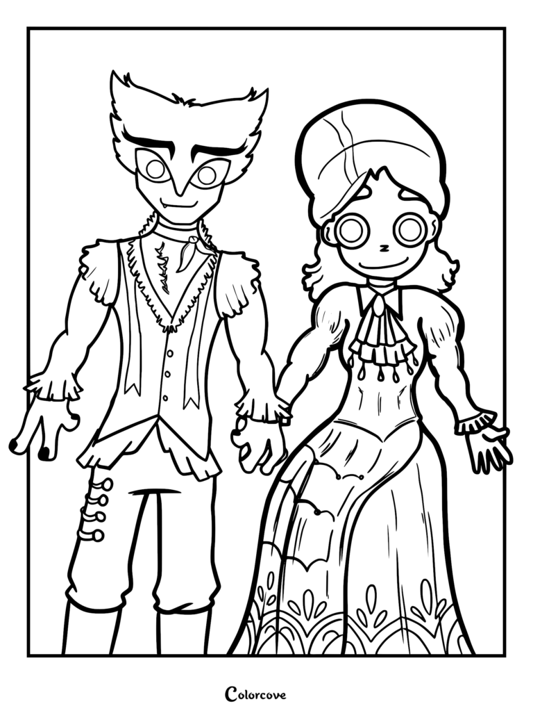 A printable coloring page featuring the 19th-century writer Frankelda holding hands with Herneil, the bird-like prince from Topus Terrenus, rendered in bold black and white line art.