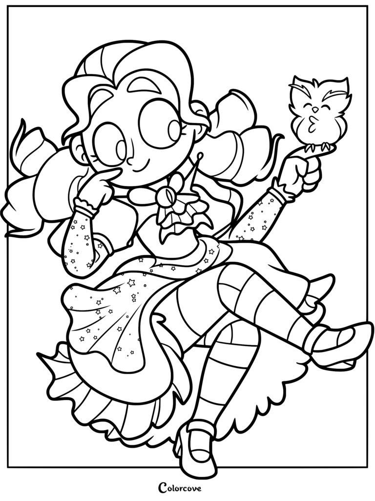 A detailed black and white coloring page of Frankelda in a Victorian star-patterned gown, holding Herneval the owl on her finger.
