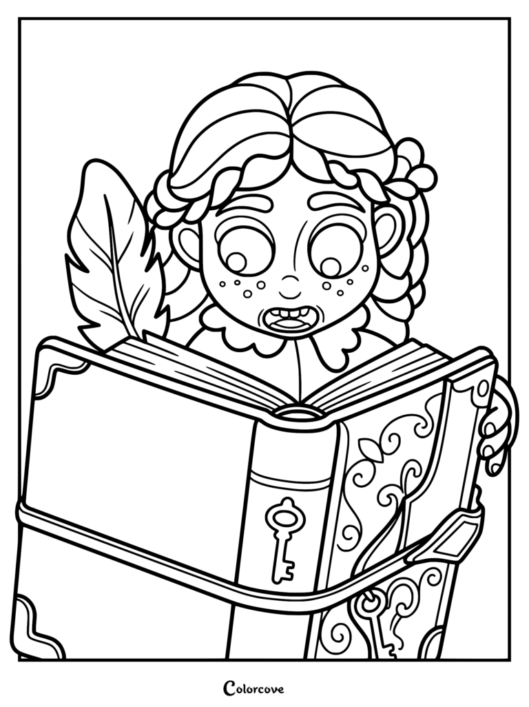 Detailed coloring page featuring Frankelda with braided hair and freckles staring in surprise at an ornate enchanted book with key symbols and a feather quill.
