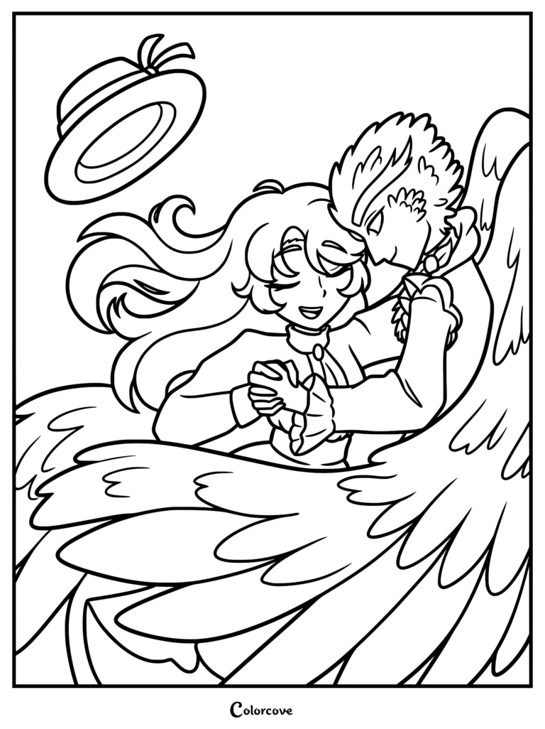 A detailed coloring page featuring Frankelda with long flowing hair and Prince Herneval with large feathered wings in a romantic embrace, including a floating sun hat in the background.