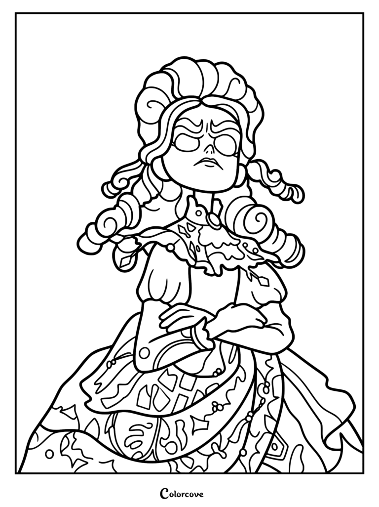 Line art coloring page of Frankelda with blank eyes, a grumpy expression, and crossed arms. She features ringlet hair and a detailed 19th-century Victorian ruffled dress.