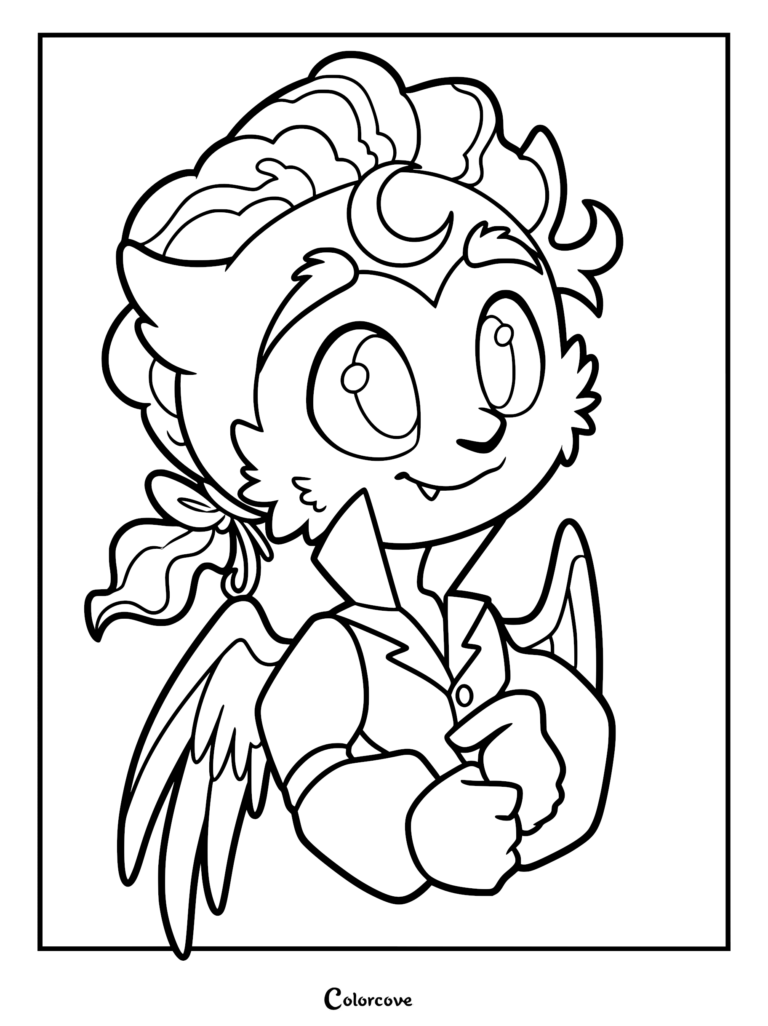 Detailed line art coloring page of Herneval from I Am Frankelda, depicting the owl-like prince with a crescent moon headband, large curious eyes, feathered wings, and a high-collared vest.