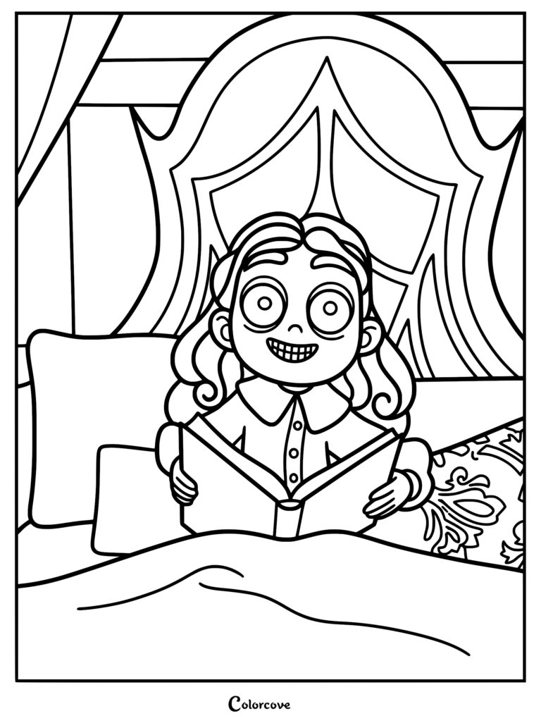 Detailed coloring page of a girl with large round eyes and a toothy grin, sitting in bed holding an open book against a tall, patterned headboard.