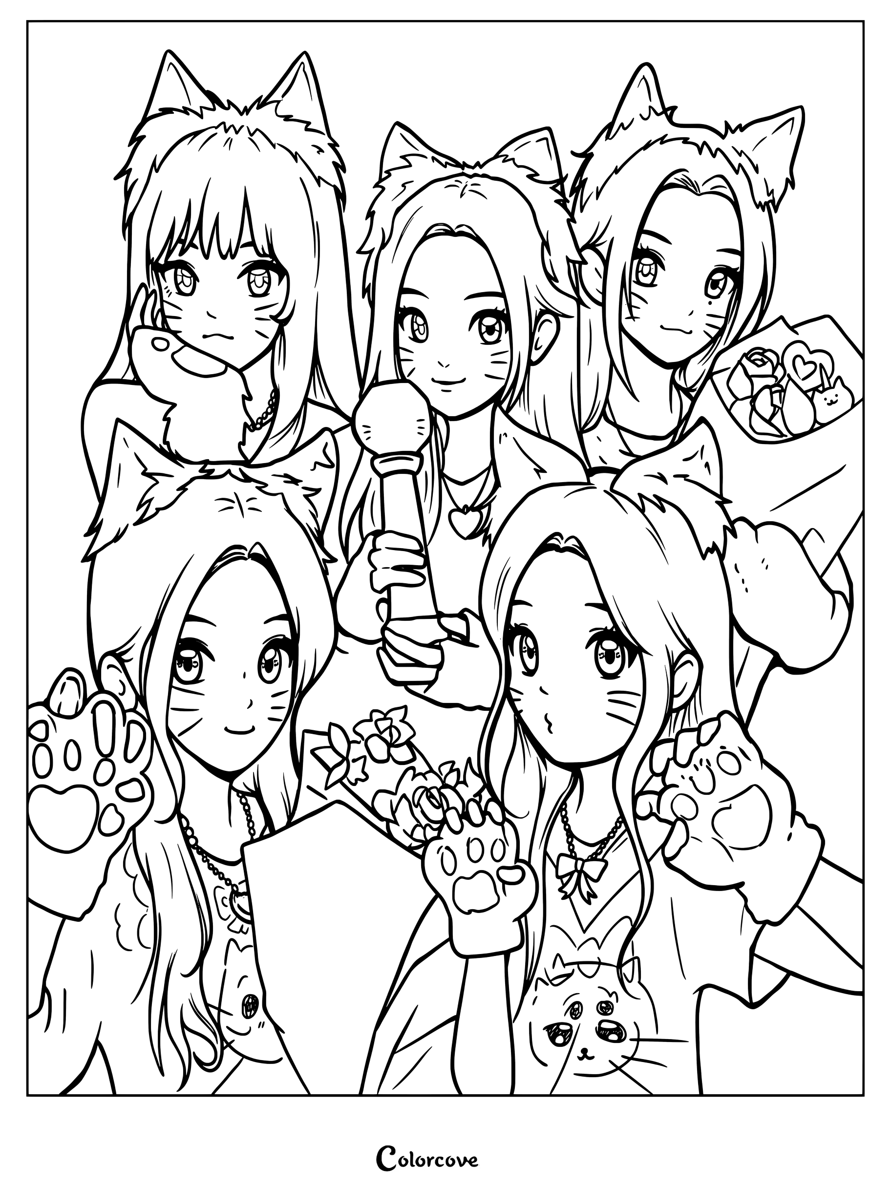 Dibujo para colorear con fanart digital del grupo de K-pop ILLIT luciendo orejas y patas de gato.