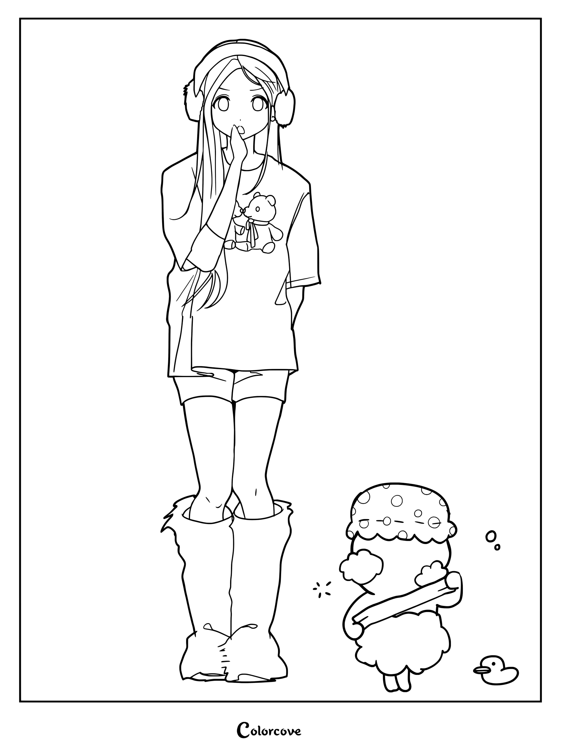 Dibujo para colorear de ILLIT con Minju usando orejeras, una camiseta de oso de peluche y botas esponjosas junto a una pequeña criatura.