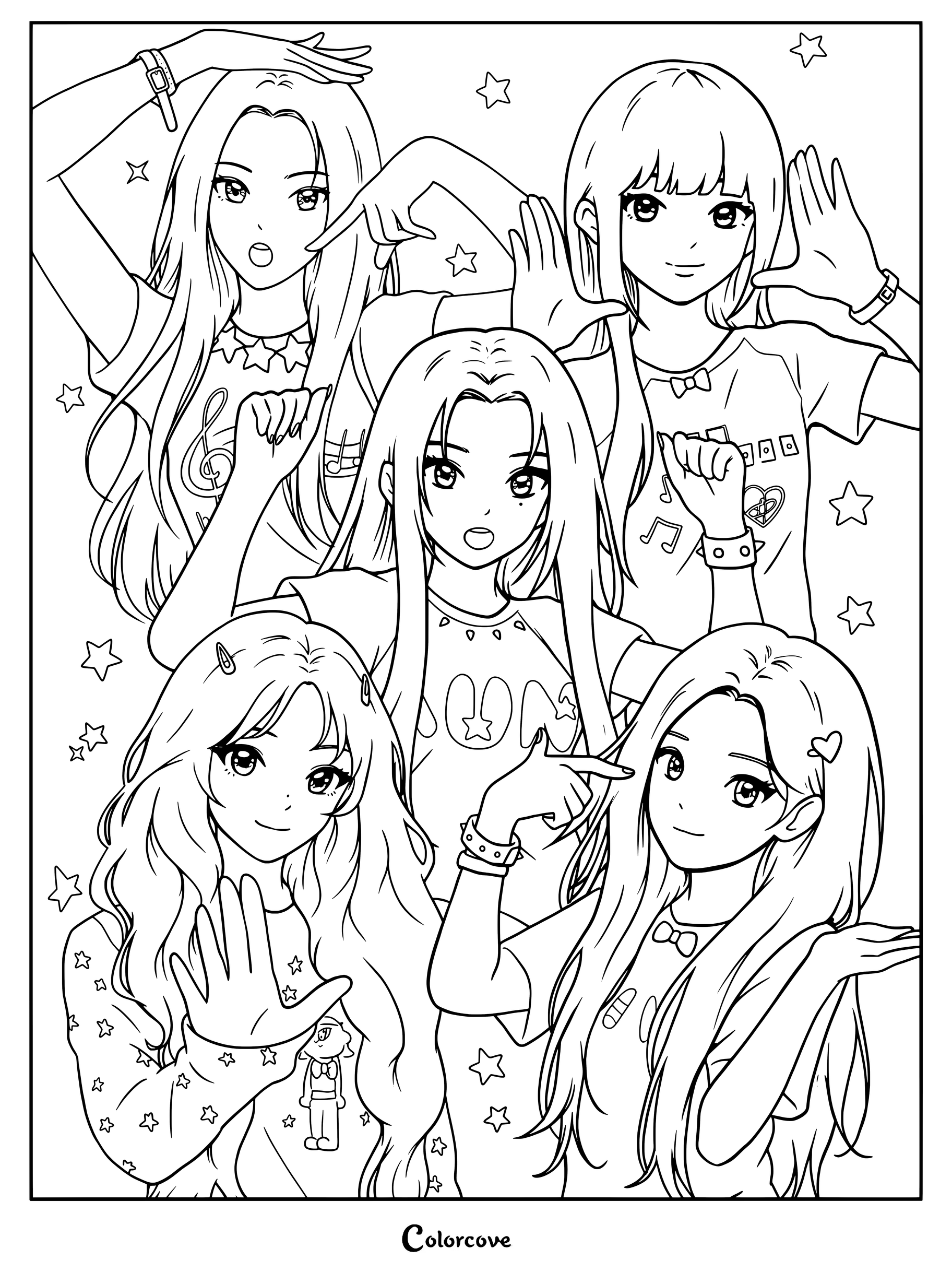Dibujo para colorear e imprimir de las integrantes de ILLIT: Yunah, Minju, Moka, Wonhee e Iroha, con camisetas estampadas casuales en un estilo estético anime Y2K.