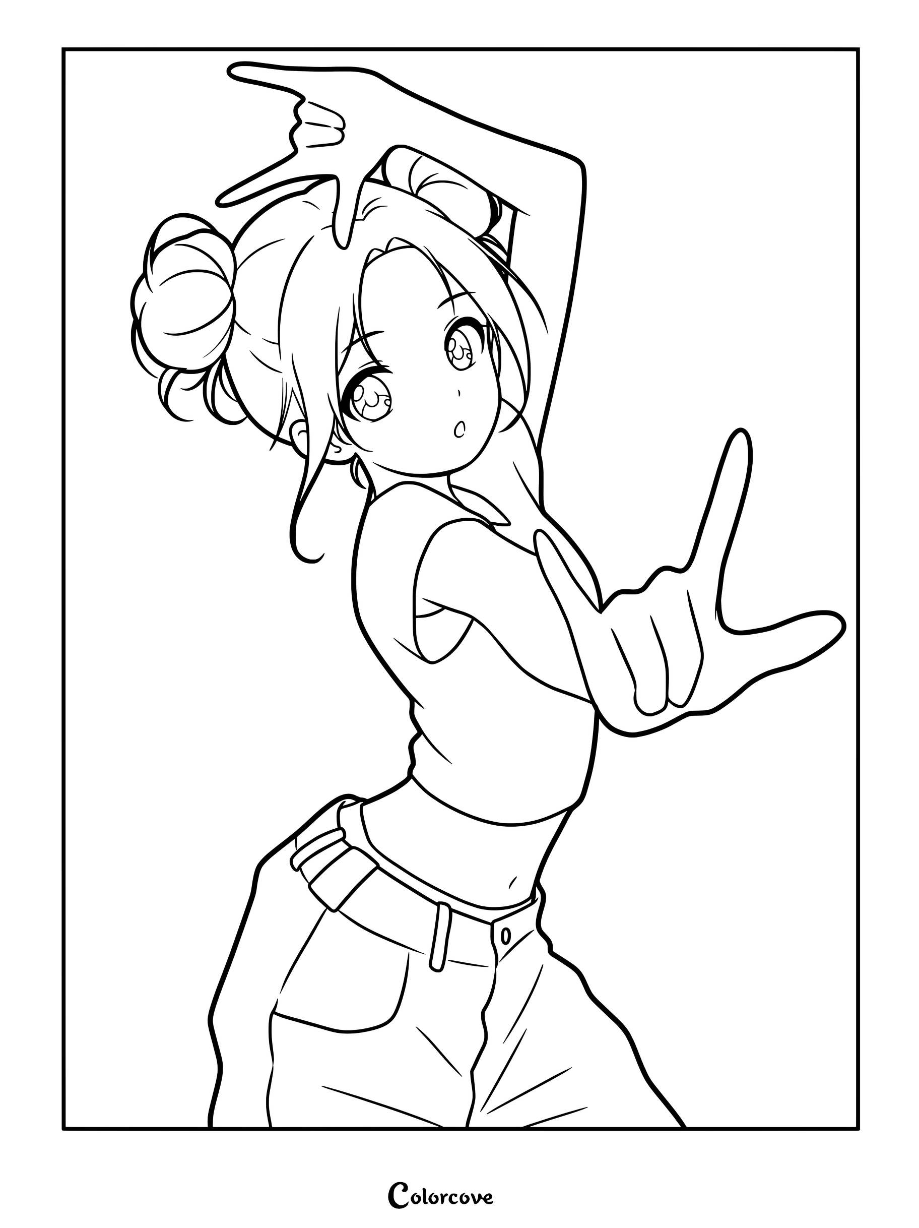 Dibujo para colorear de fanart estilo manga de Wonhee del grupo de K-pop ILLIT posando.