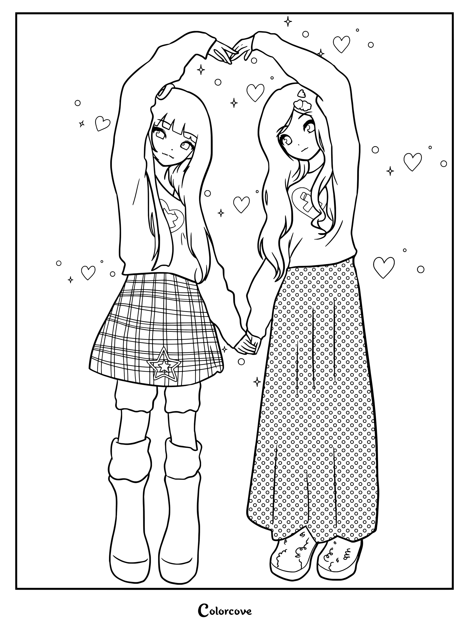 Dibujo para colorear de fanart estilo anime de Iroha y Wonhee de ILLIT haciendo la forma de un corazón con los brazos.