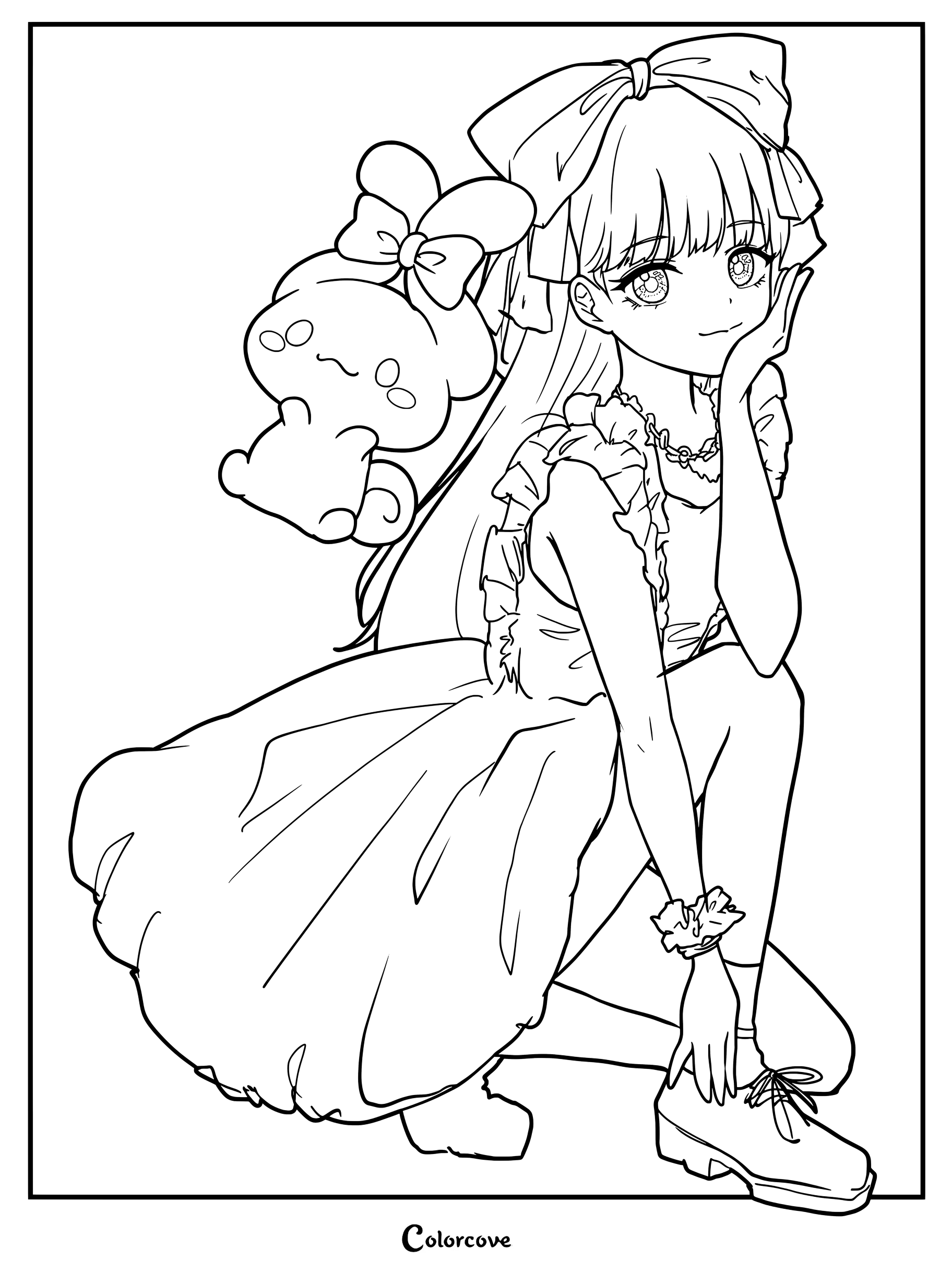 Dibujo para colorear con una ilustración estilo anime de Moka del grupo de K-pop ILLIT posando con un peluche de Cinnamoroll.