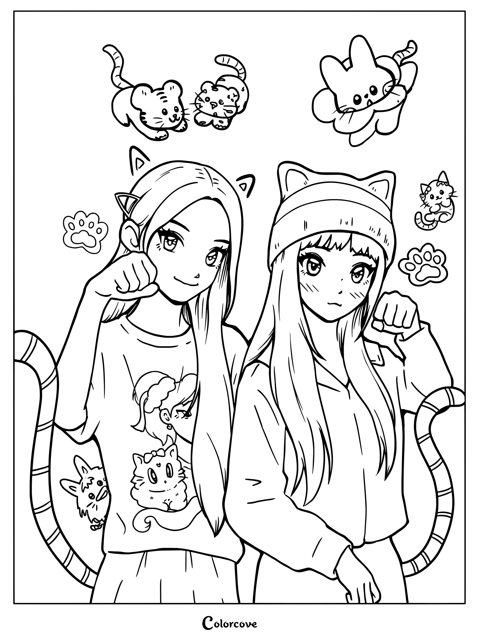 Dibujo para colorear de ILLIT con dos chicas posando de forma divertida con rasgos felinos en ilustraciones inspiradas en el K-pop.