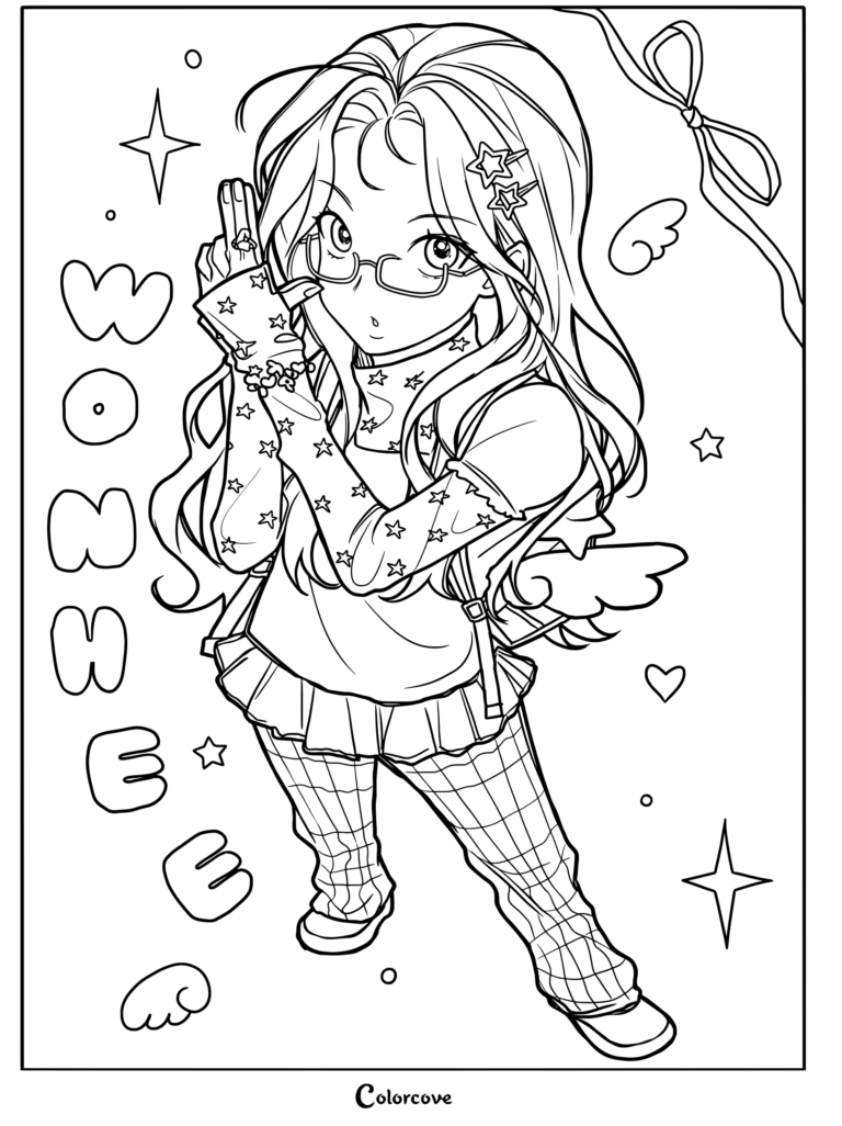 Cute anime coloring page of Wonhee from ILLIT wearing glasses, a star-patterned top, mini skirt, and patterned tights.