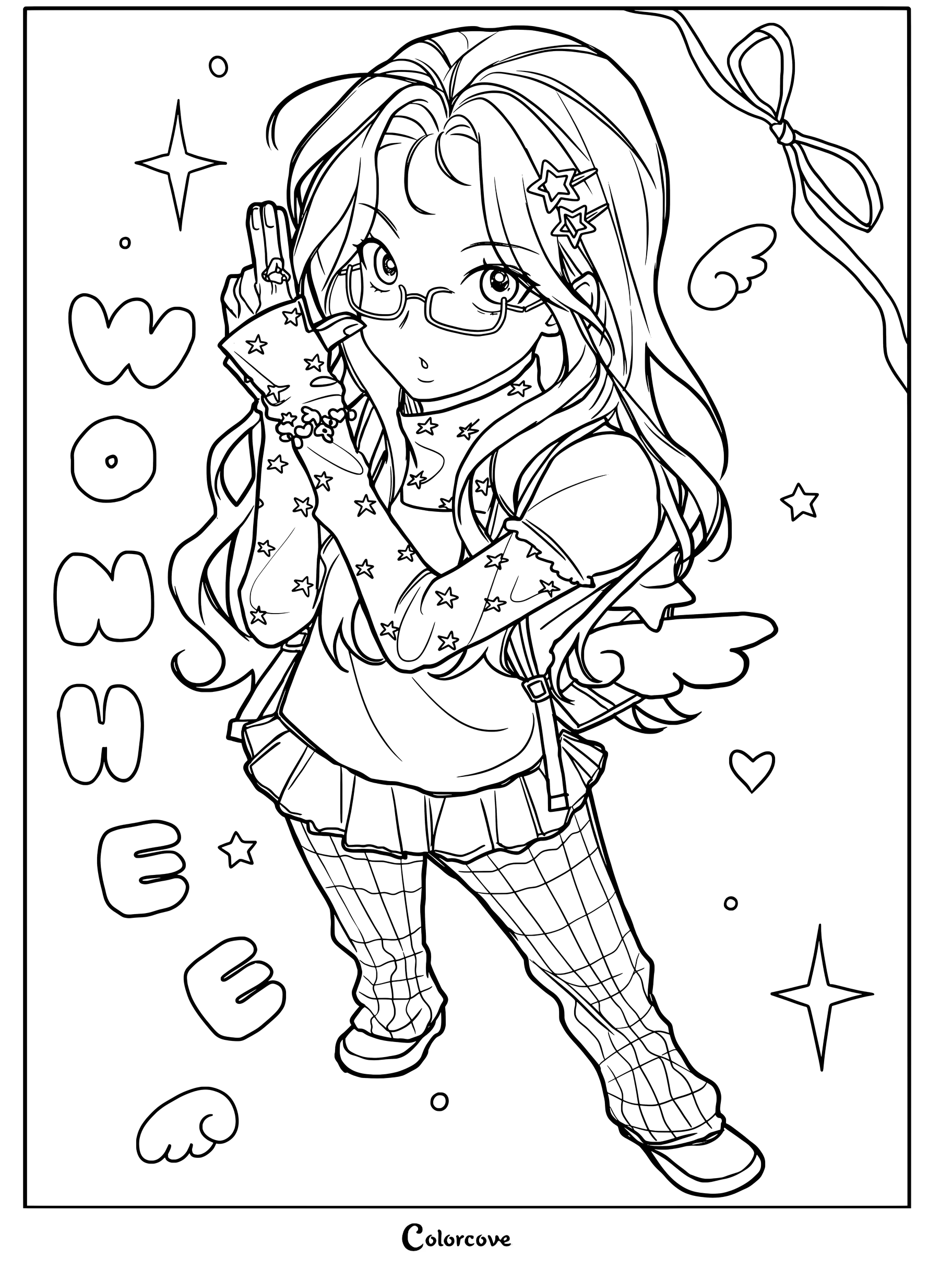 Lindo dibujo para colorear estilo anime de Wonhee de ILLIT con gafas, una camiseta con estampado de estrellas, minifalda y medias estampadas.