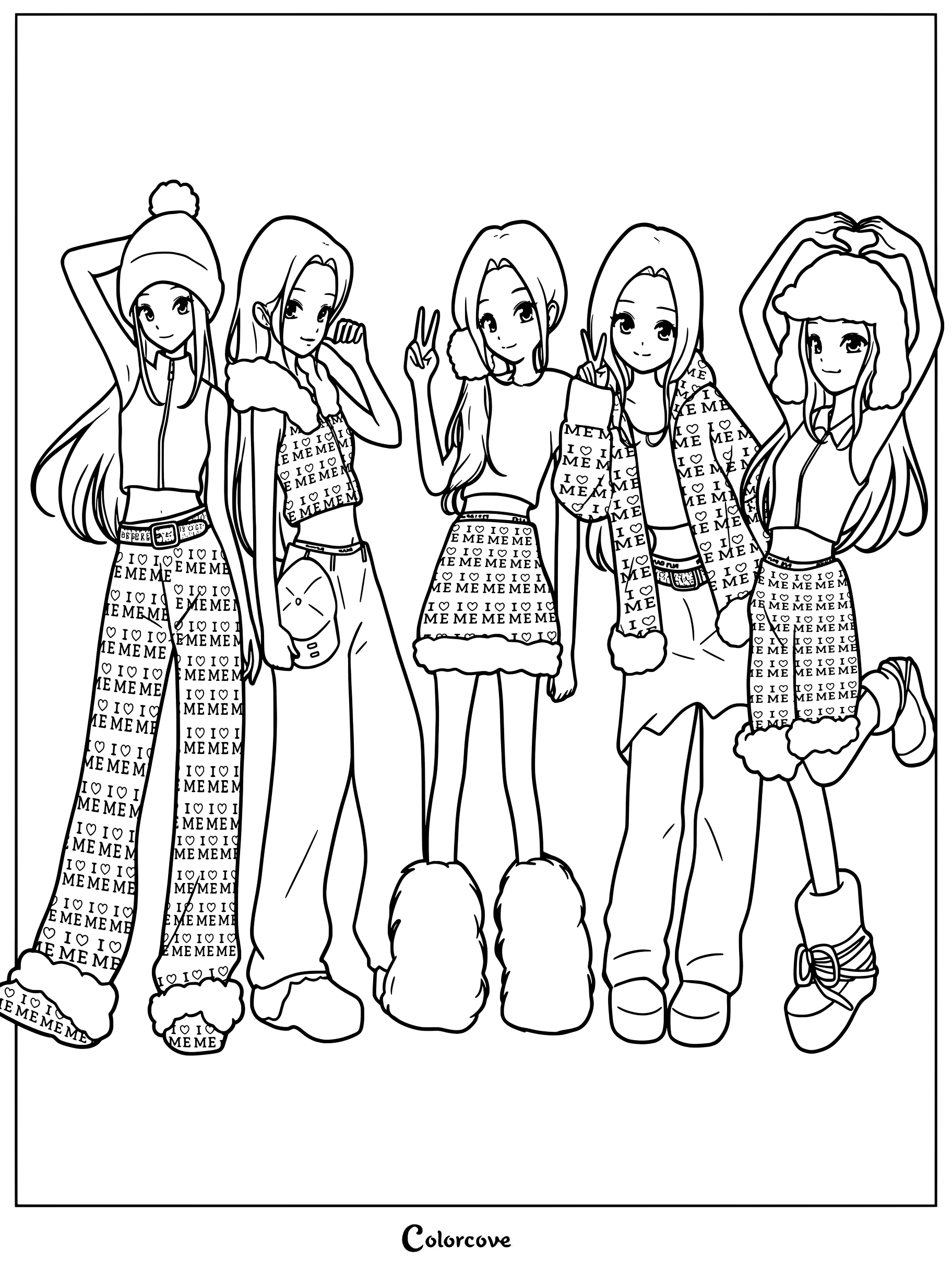 Dibujo para colorear de ILLIT con fanart del grupo femenino surcoreano vistiendo conjuntos estampados en azul y blanco.