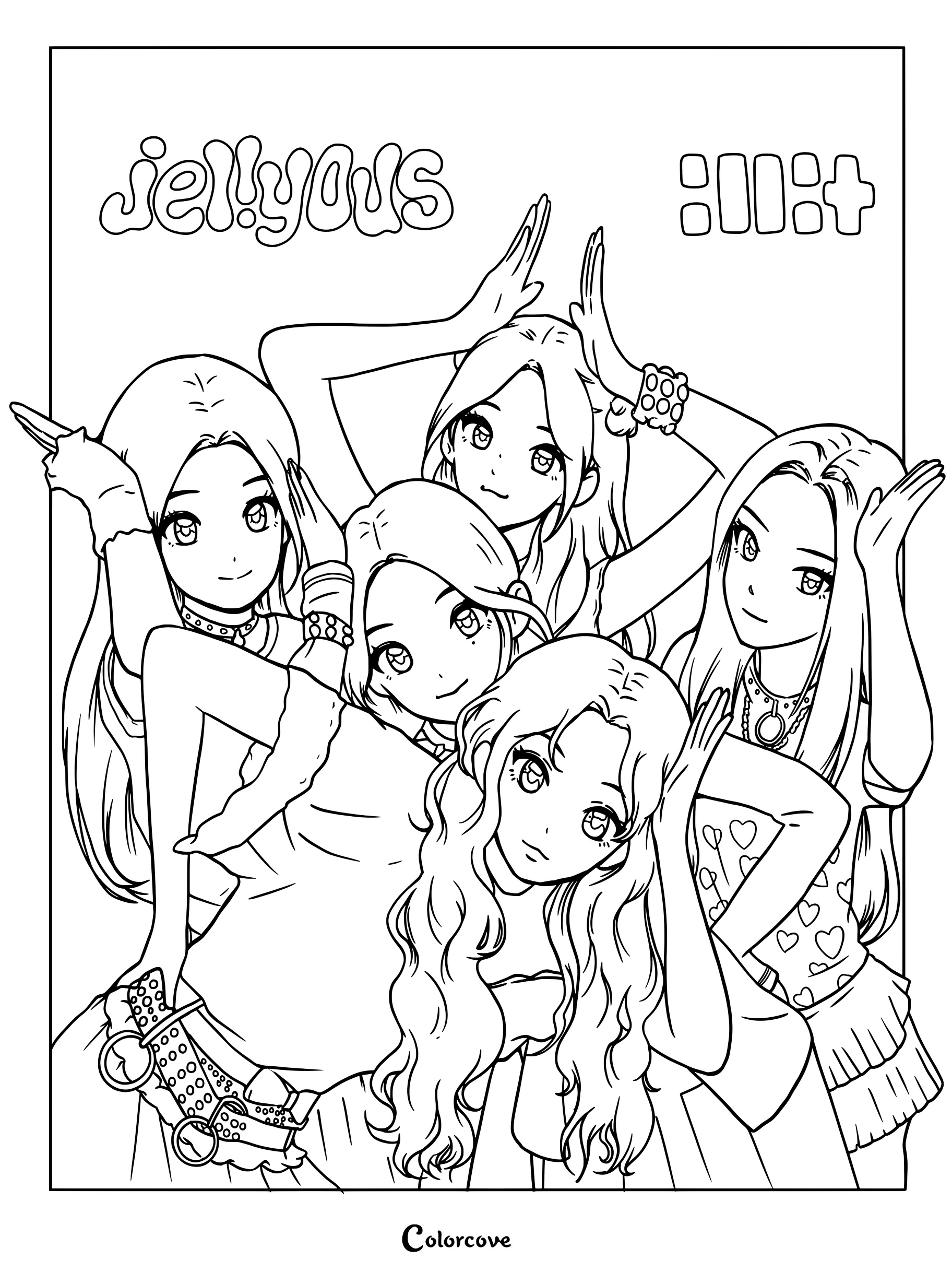 Dibujo para colorear de las integrantes del grupo ILLIT posando juntas en fila para Jellyous.