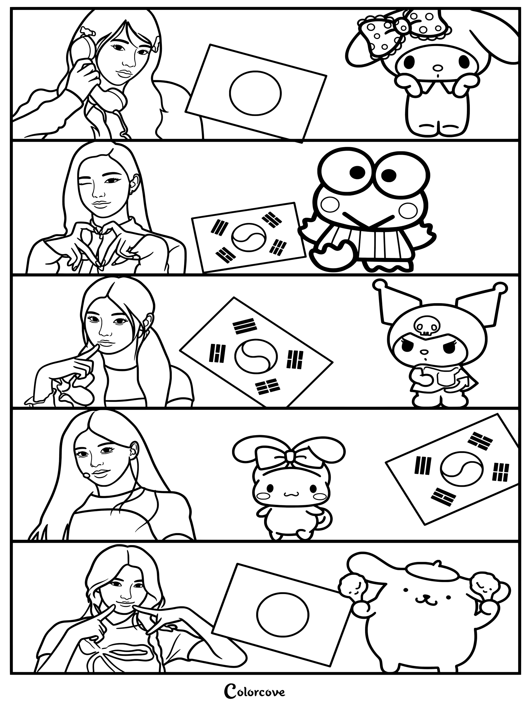 Dibujo para colorear e imprimir con las integrantes del grupo de K-pop ILLIT combinadas con varios personajes de Sanrio y banderas.