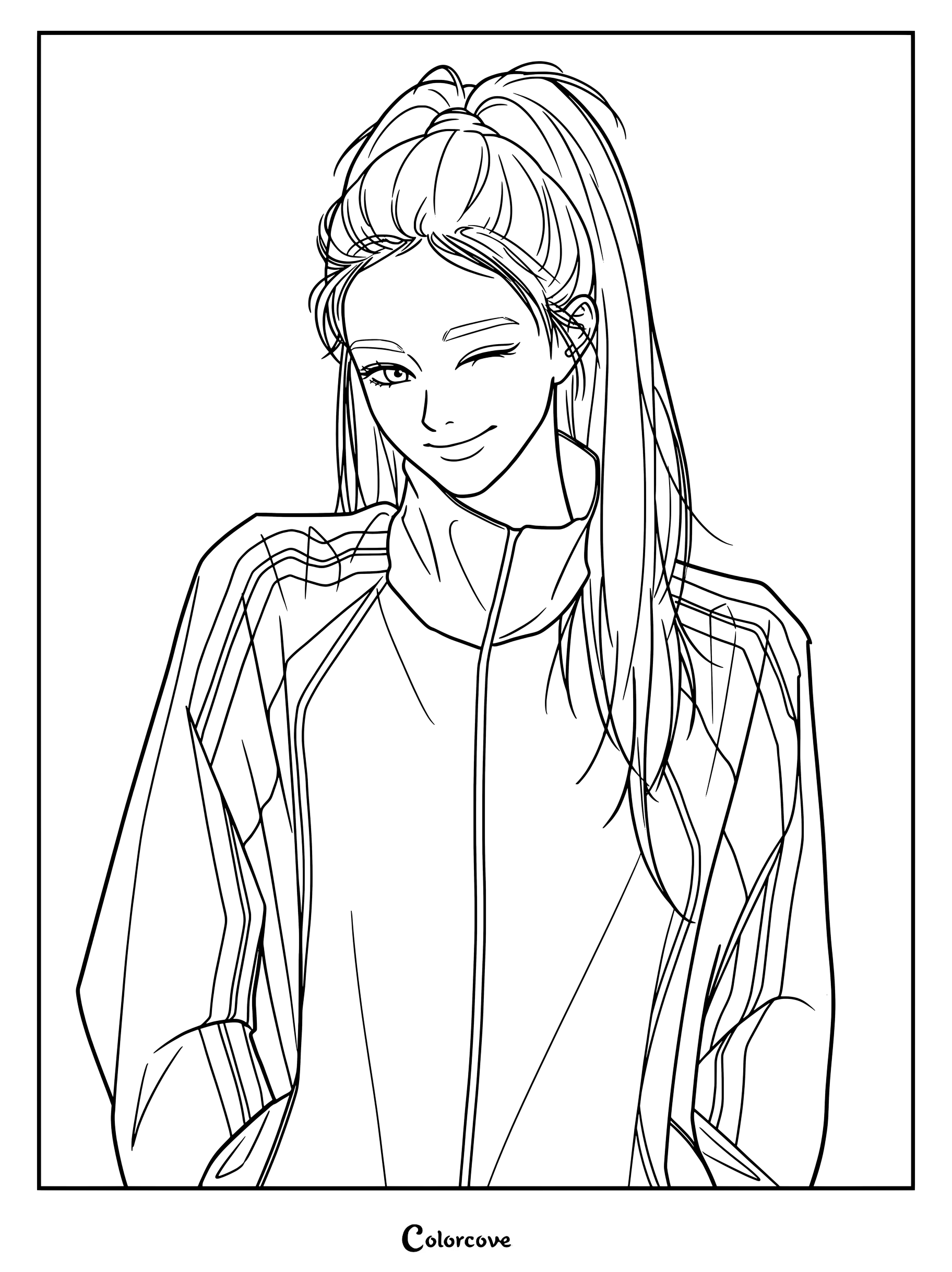 Dibujo para colorear e imprimir de Yunah de ILLIT con una chaqueta deportiva con cremallera azul y blanca y una coleta alta.