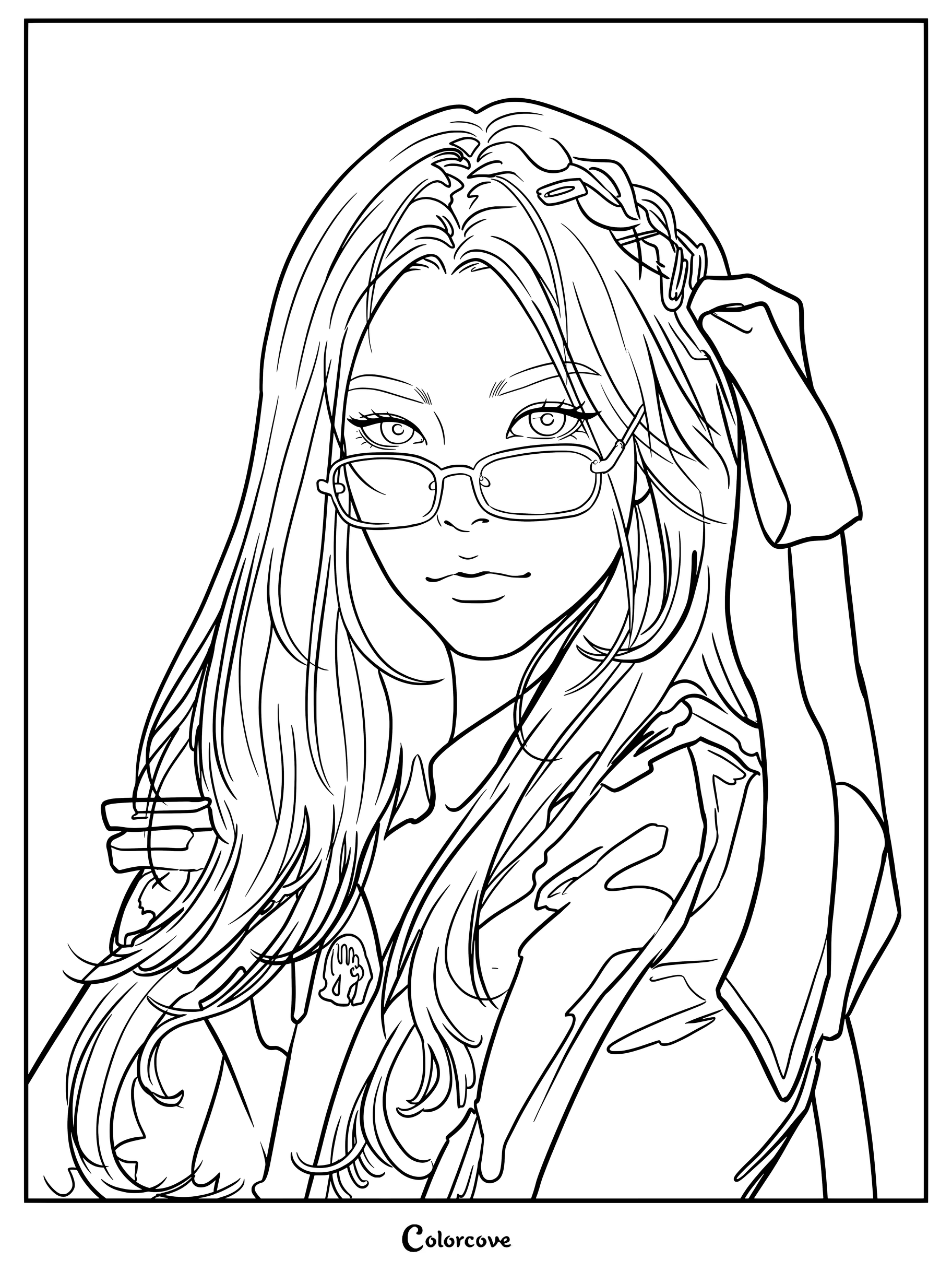 Dibujo para colorear e imprimir de Yunah de ILLIT con gafas de montura clara y un atuendo oscuro con un gran lazo azul en el cabello.