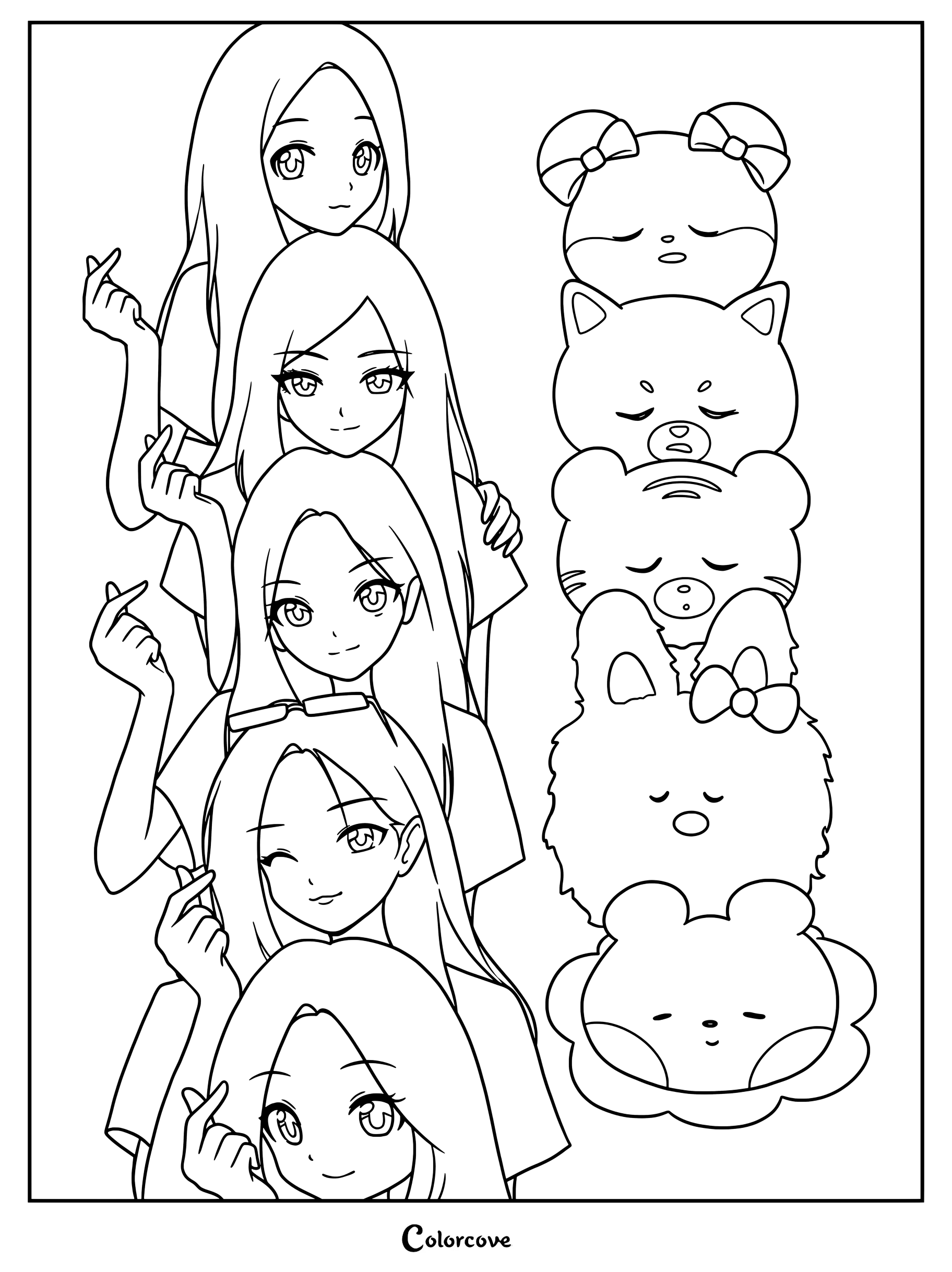 Dibujo para colorear e imprimir de las integrantes de ILLIT: Yunah, Minju, Moka, Wonhee e Iroha, junto a sus peluches de animales representativos.