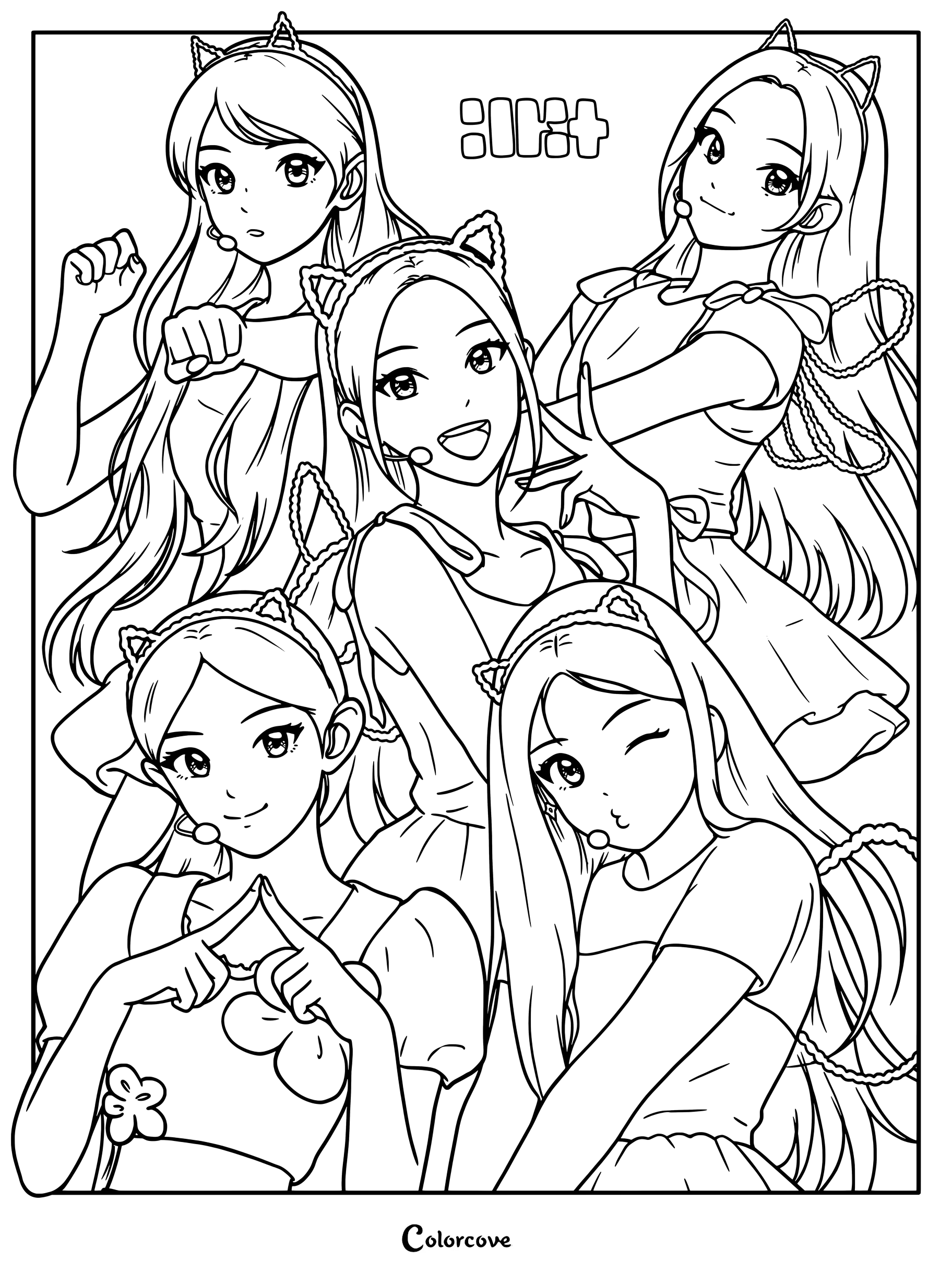 Dibujo para colorear de ILLIT con las integrantes Yunah, Minju, Moka, Wonhee e Iroha con ropa de escenario azul y blanca y diademas con orejas de gato.