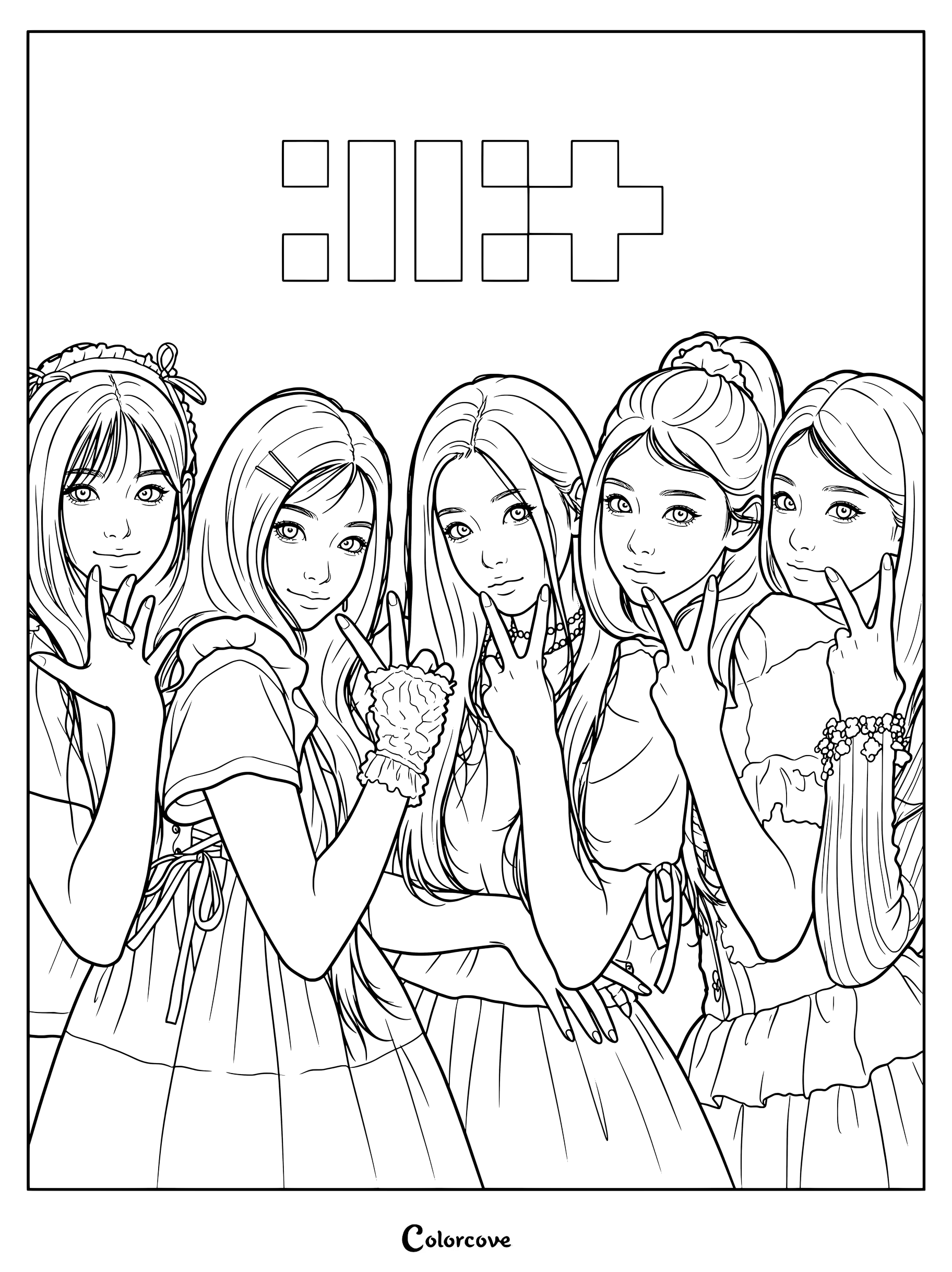 Dibujo para colorear de ILLIT con las cinco integrantes en un suave estilo inspirado en el anime bajo su logotipo estilizado.