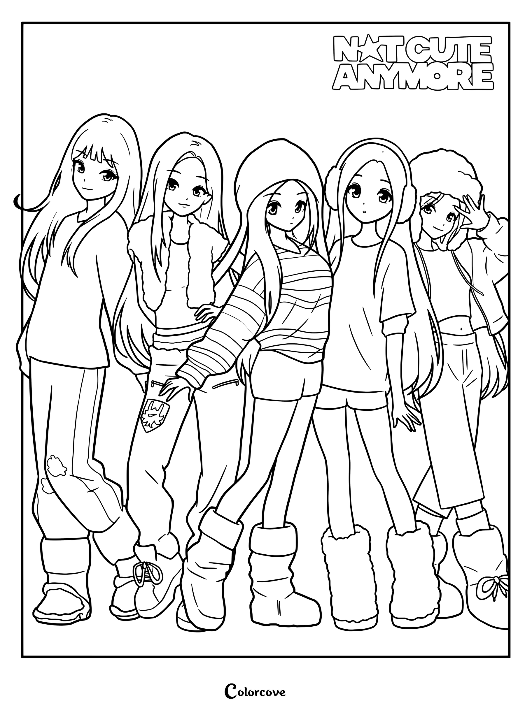 Dibujo para colorear de ILLIT con fanart estilo anime del grupo femenino surcoreano con el texto N★T CUTE ANYMORE, inspirado en su contenido promocional.