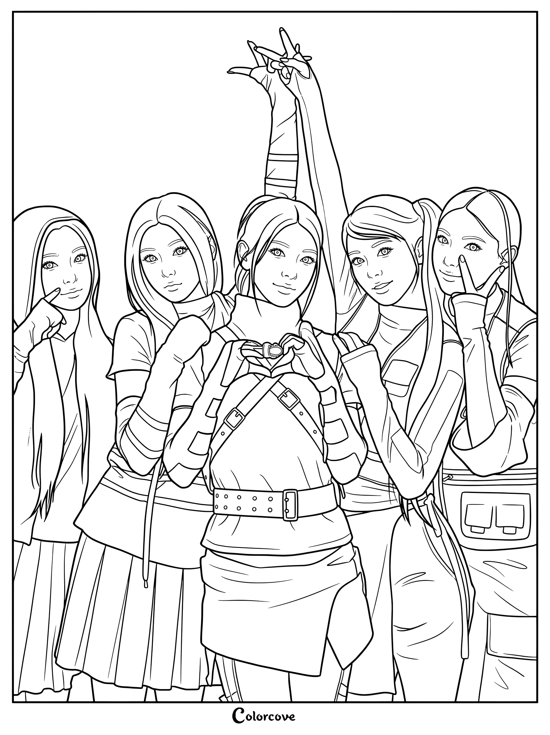 Dibujo para colorear e imprimir con las integrantes de ILLIT posando con conjuntos coordinados en rosa y blanco.