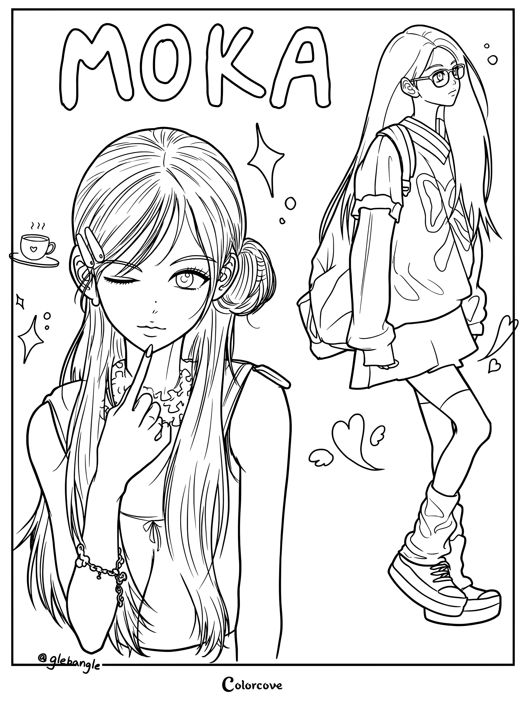 Dibujo para colorear de Moka, integrante de ILLIT, guiñando un ojo y luciendo un uniforme escolar completo.