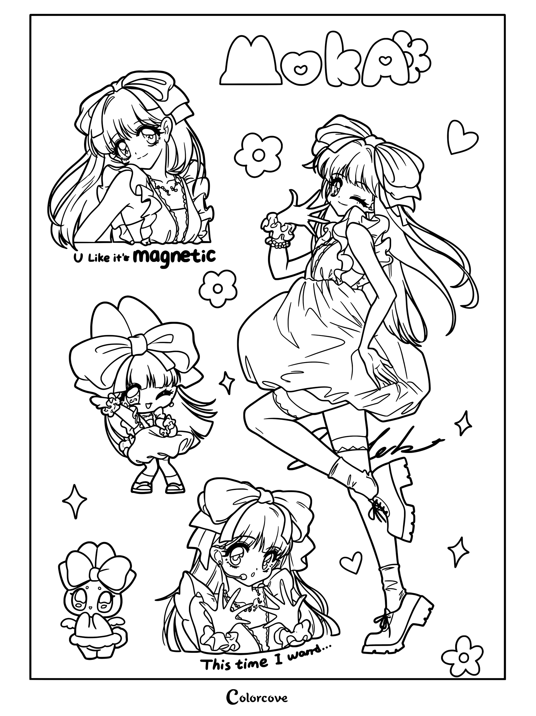 Dibujo para colorear e imprimir de Moka de ILLIT en una ilustración de fanart azul pastel inspirada en su era Magnetic.