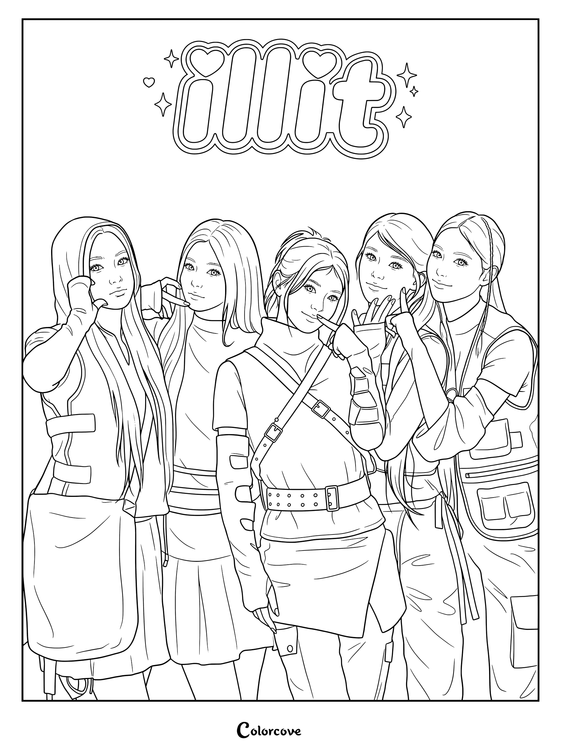 Dibujo para colorear de las integrantes de ILLIT en la foto conceptual oficial del teaser de la versión WITH de I'll Like You.