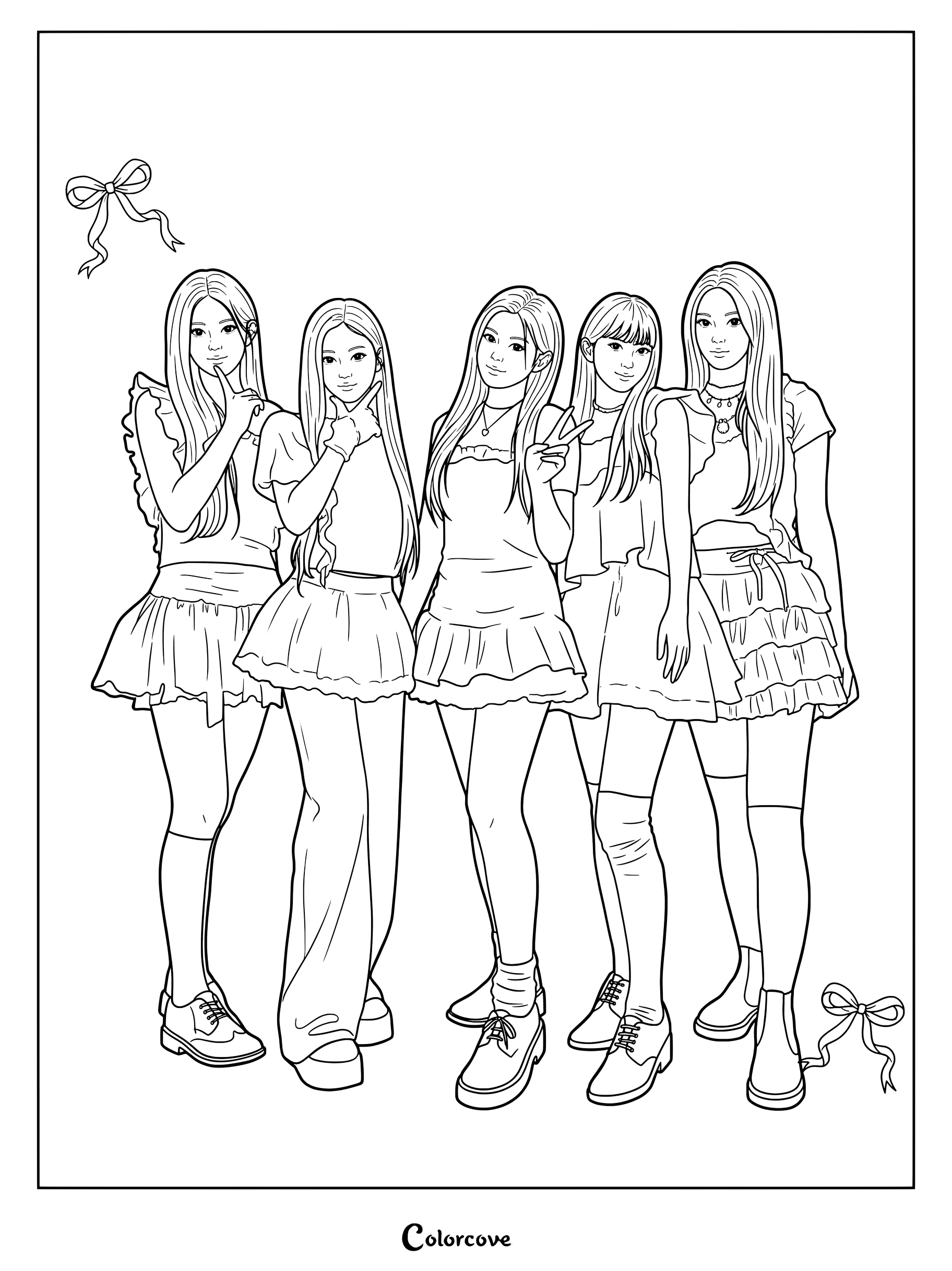 Dibujo para colorear de las cinco integrantes del grupo de K-pop ILLIT posando juntas con conjuntos de escenario blancos a juego.