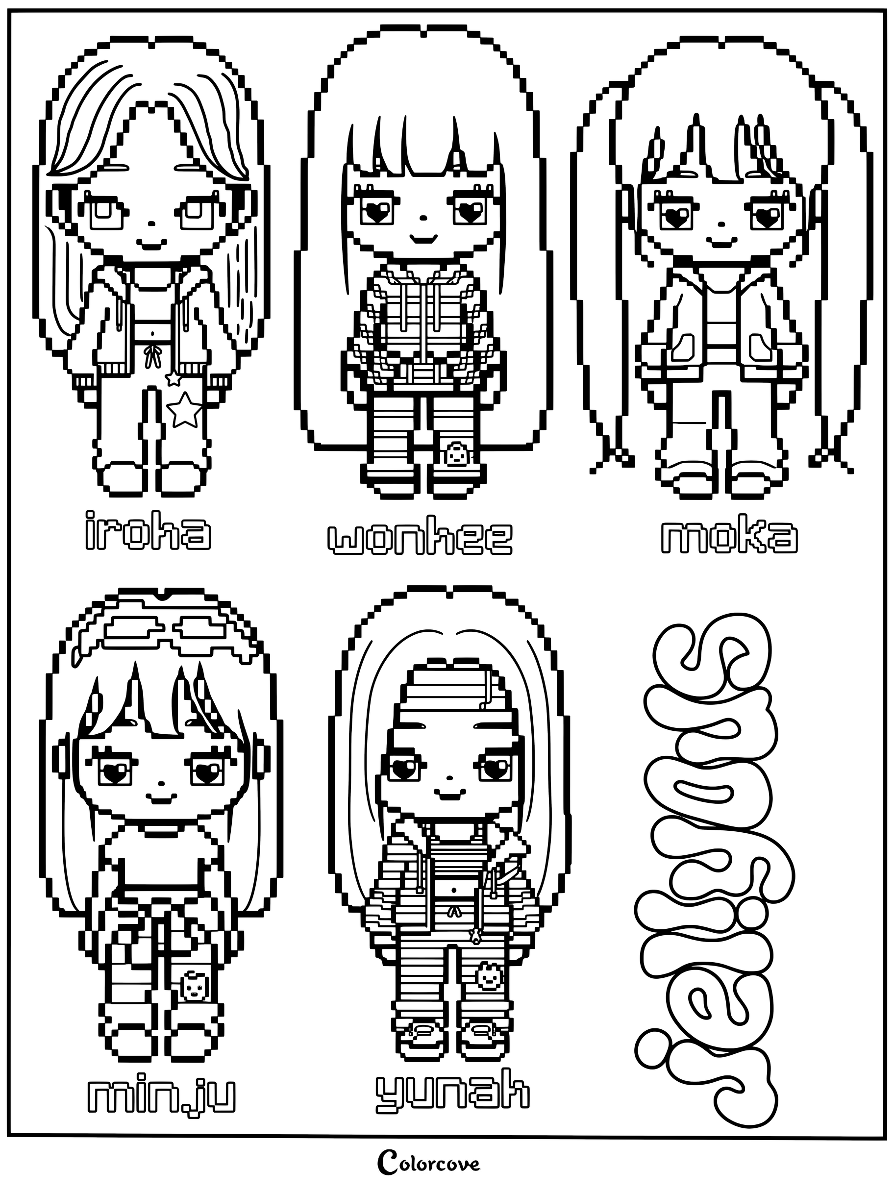Dibujo para colorear en estilo pixel art de ILLIT con las integrantes chibi Iroha, Wonhee, Moka, Minju y Yunah.