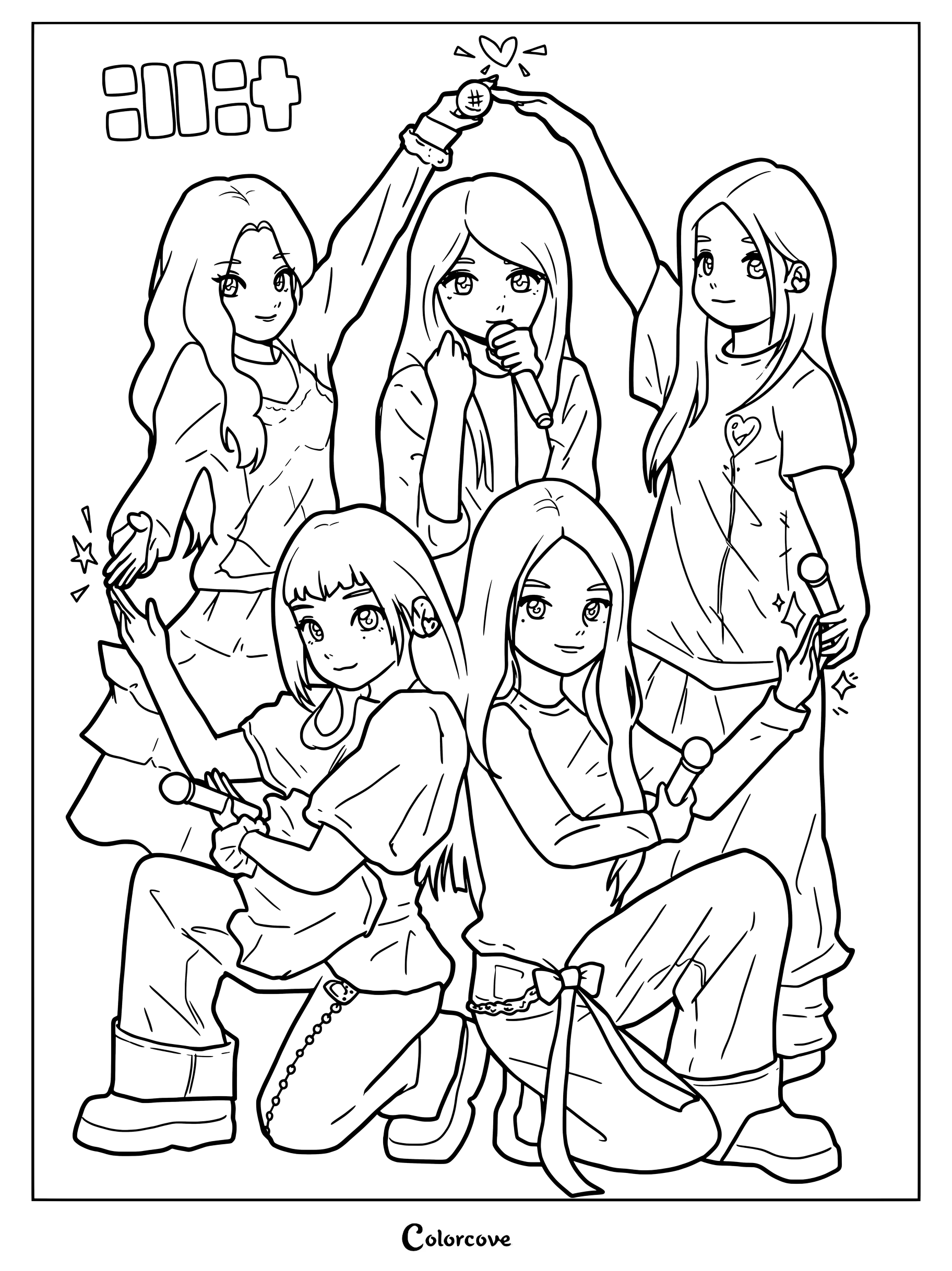 Dibujo para colorear del grupo ILLIT con las cinco integrantes posando juntas con micrófonos.