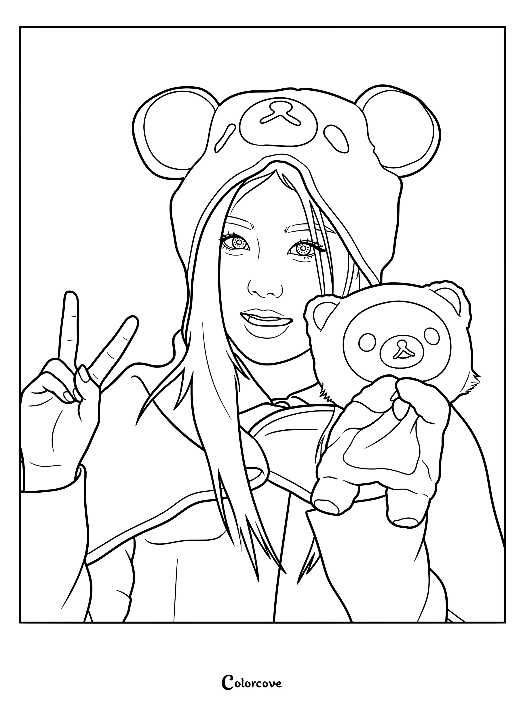 Dibujo para colorear e imprimir de Minju de ILLIT usando un lindo gorro de oso y sosteniendo un peluche.