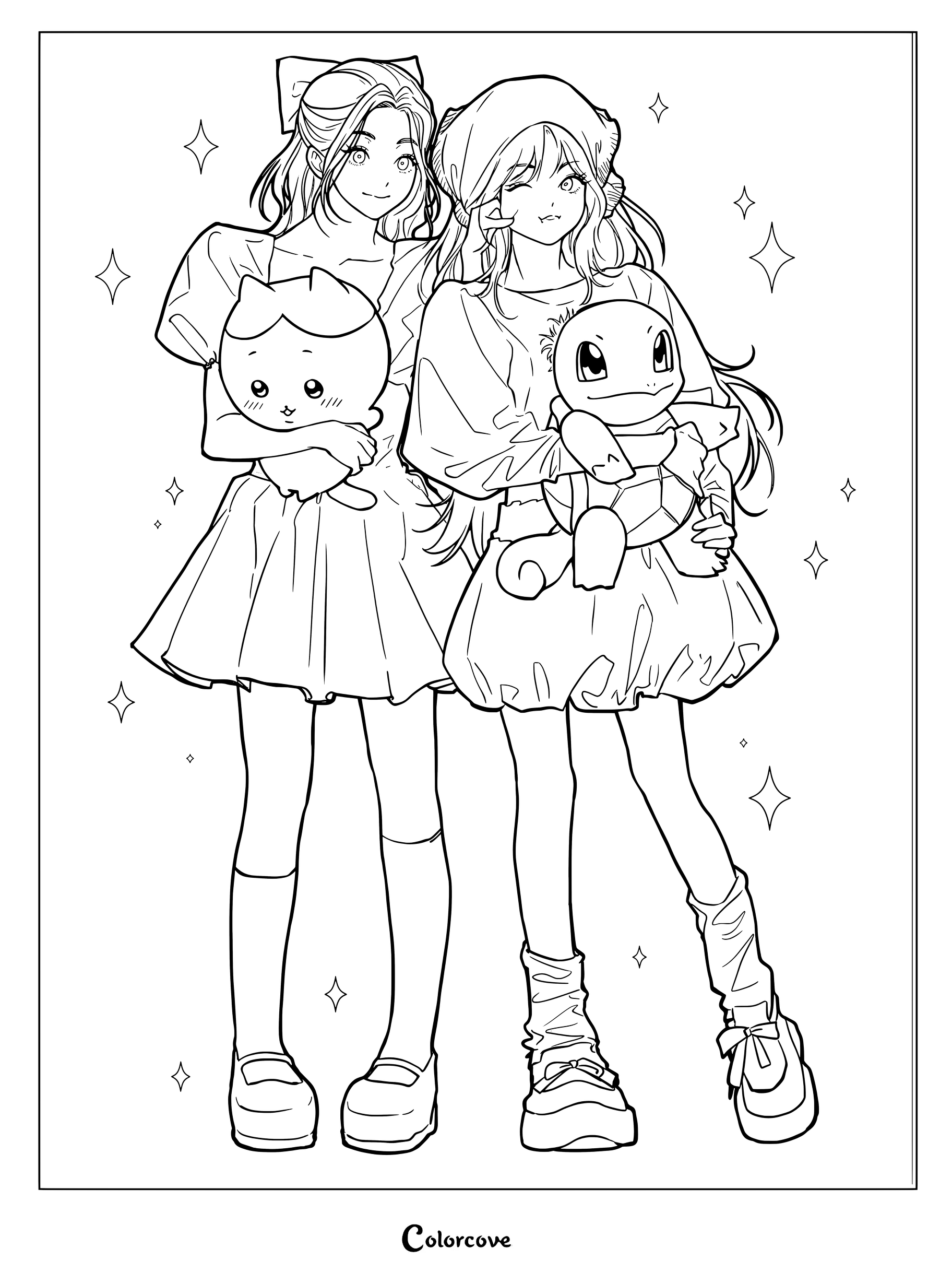 Dibujo para colorear de ILLIT con Iroha y Moka sosteniendo peluches.