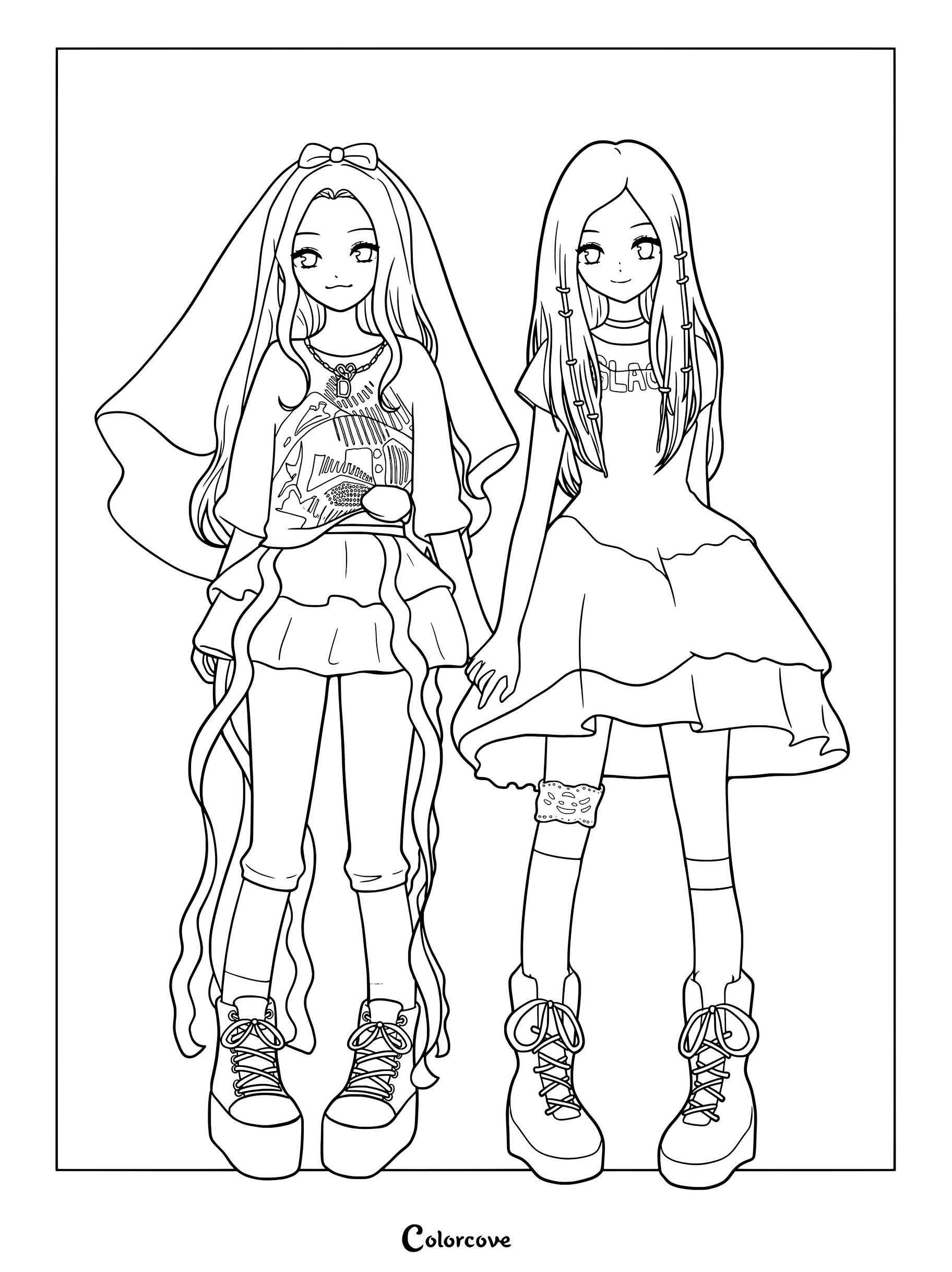 Dibujo para colorear e imprimir de Iroha y Moka de ILLIT con atuendos elegantes y zapatillas de deporte.