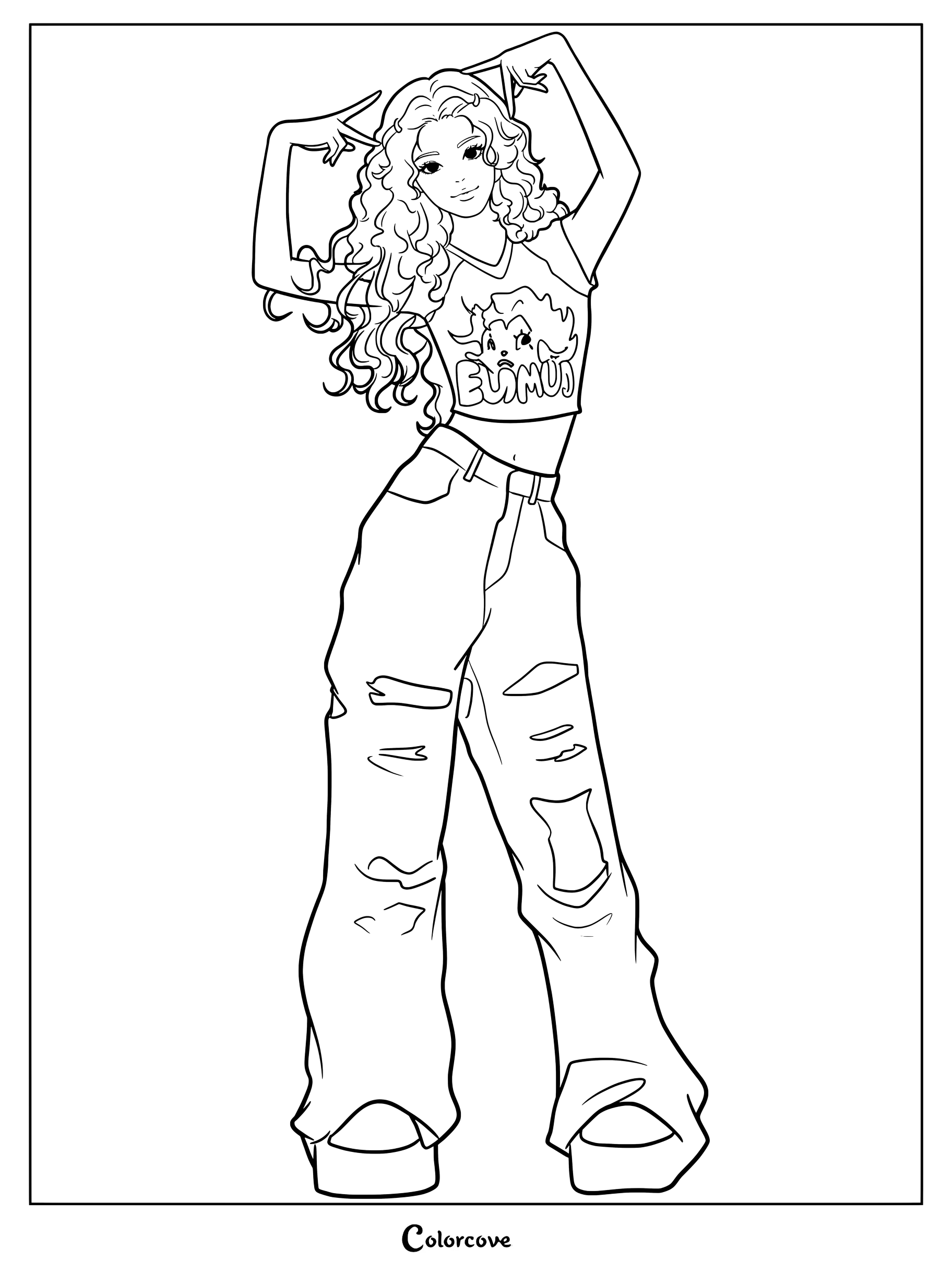 Dibujo para colorear de Iroha de ILLIT posando con cabello rizado y vaqueros anchos rotos.