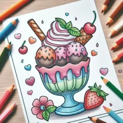 Coloring page of an ice cream sundae with scoops, a cherry, and sprinkles, surrounded by colored pencils and cute decorations.