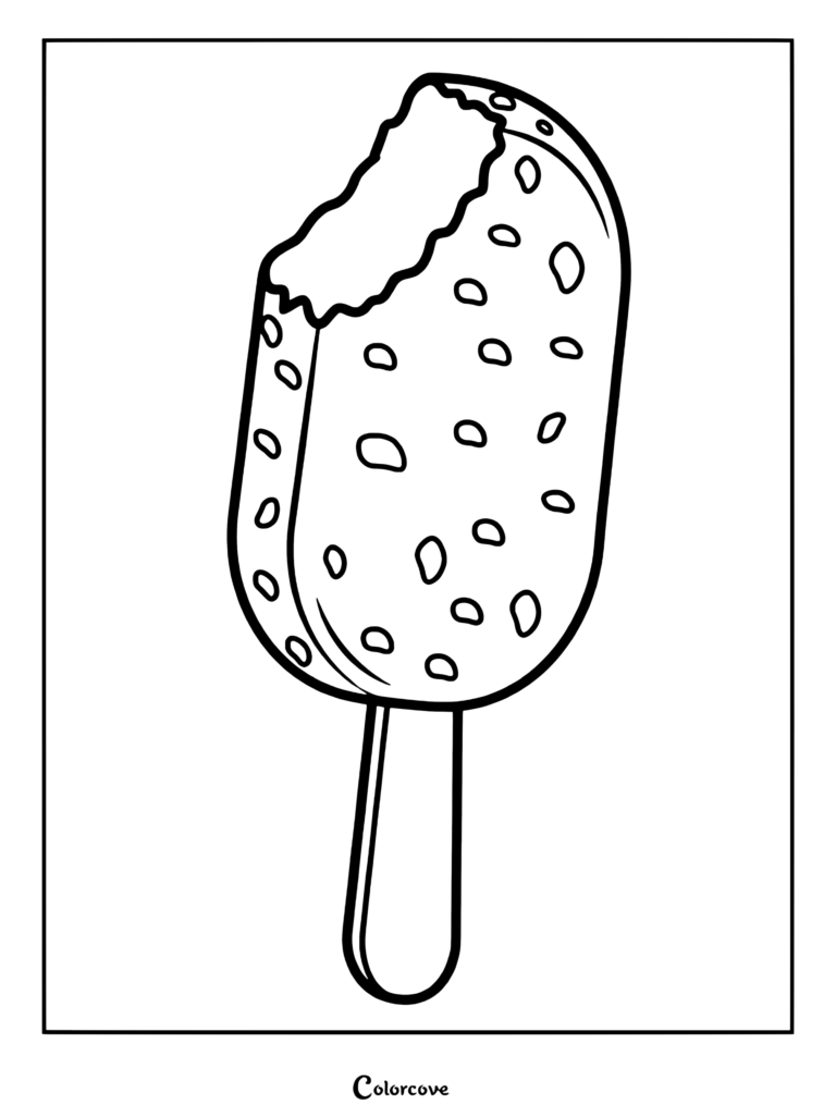 A printable coloring page featuring a chocolate-coated ice cream bar on a stick with a large bite taken out of the top and visible nut pieces.