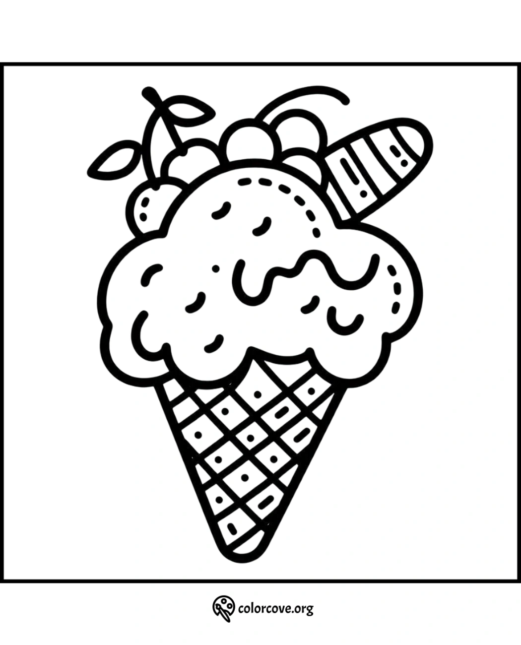 Ice cream cone coloring page with cherries and wafer stick, printable coloring sheet for kids and fun activity, ColorCove.org.