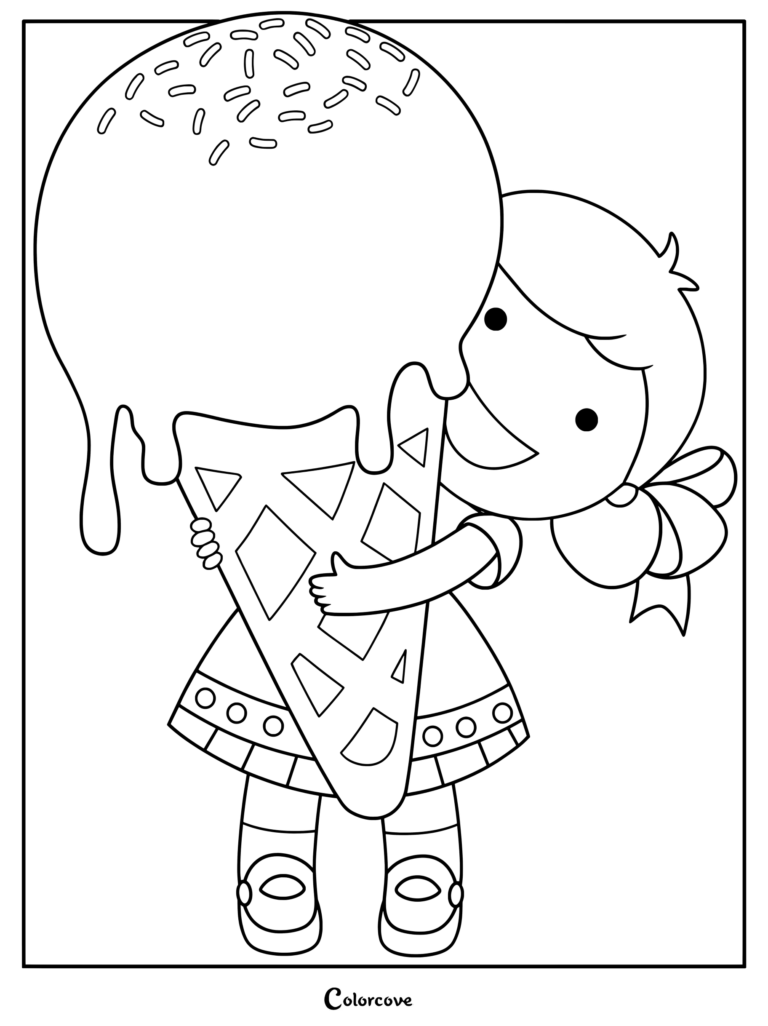 A cute girl with a hair bow hugging a giant ice cream cone with sprinkles in this printable coloring page.