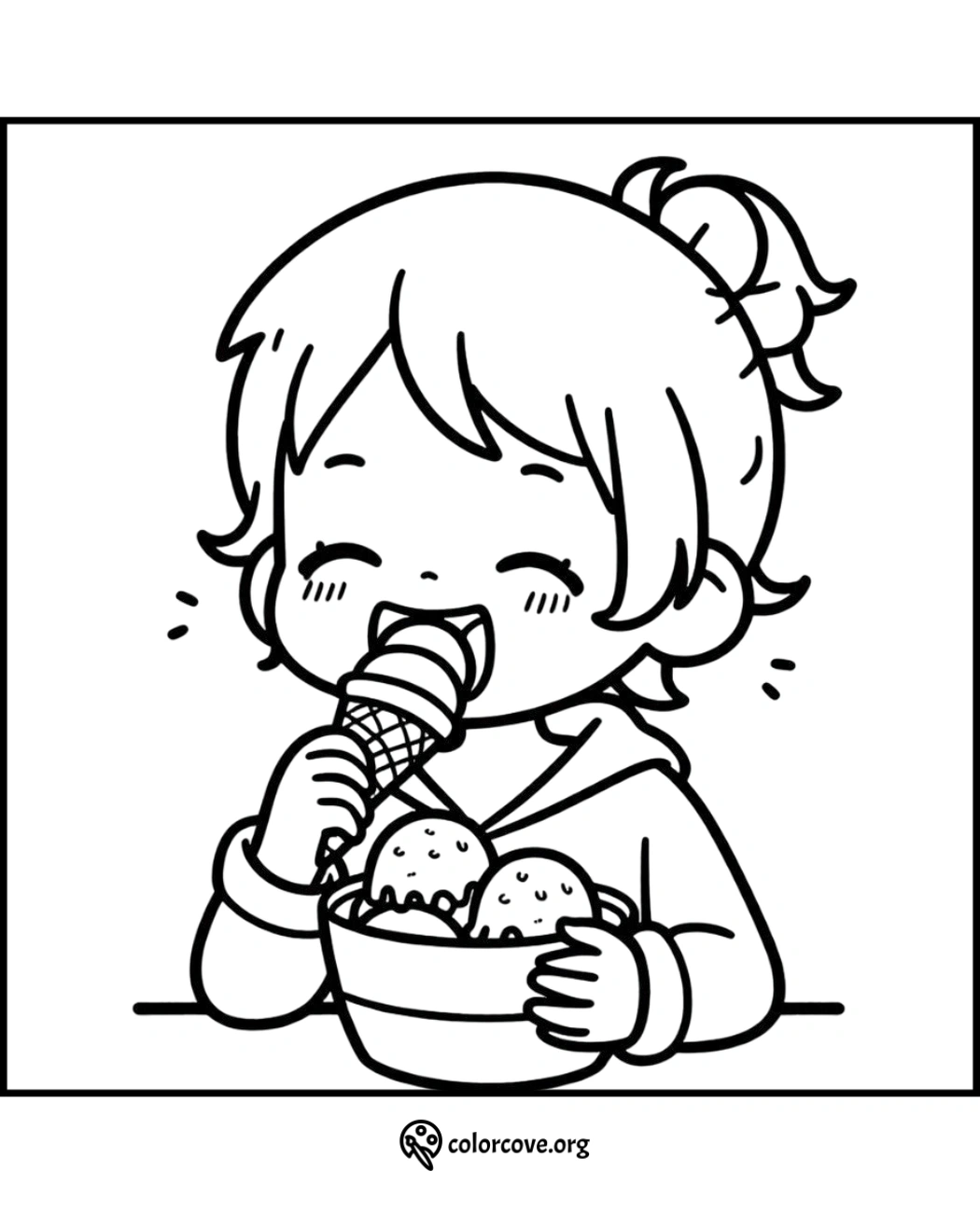 Coloring page of a happy child eating ice cream from a cone and bowl. Printable illustration for kids by colorcove.org.