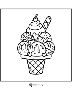 Ice cream sundae coloring page with scoops, toppings, cone, syrup, and a cherry on top. Printable activity for kids.