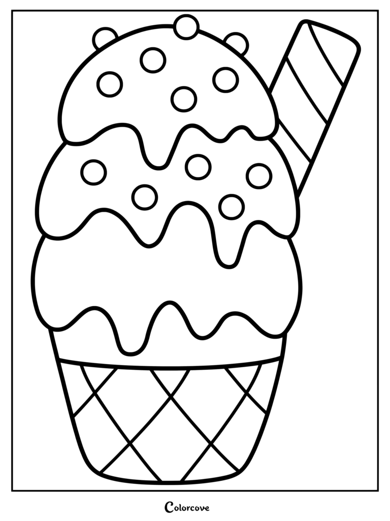 Double scoop ice cream cone with sprinkles and a wafer stick coloring page