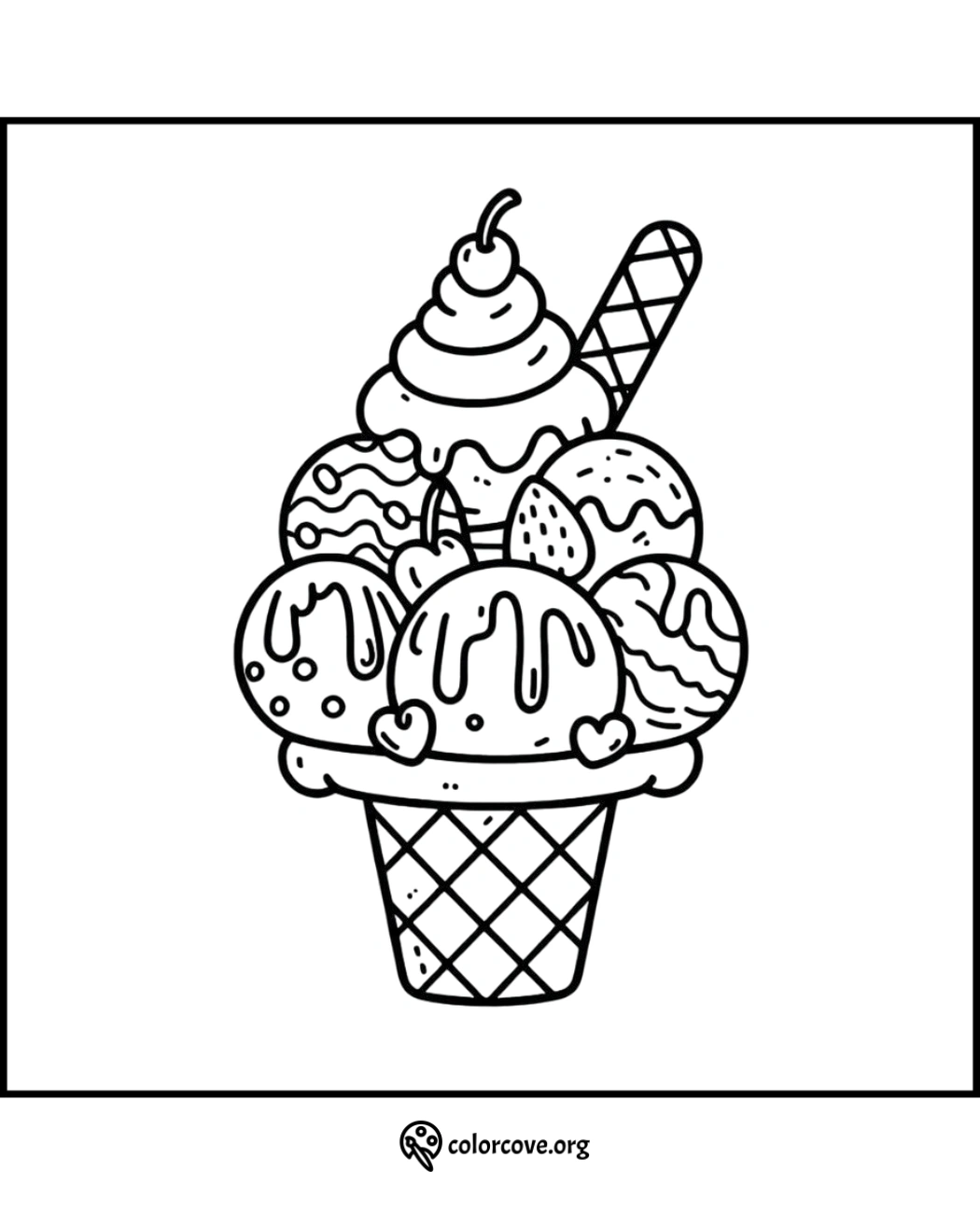 Ice cream sundae coloring page with scoops, toppings, cone, syrup, and a cherry on top. Printable activity for kids.