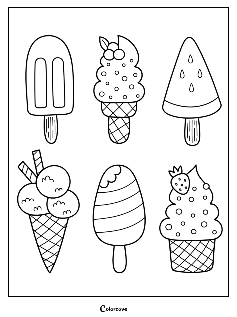 A printable coloring page featuring six different ice cream treats including popsicles, soft serve, and a triple scoop cone.
