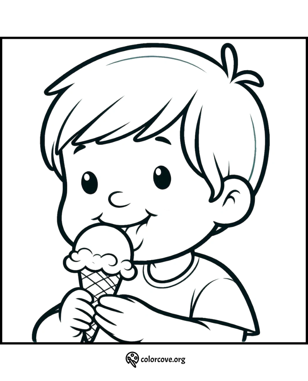 Coloring page of a happy child licking an ice cream cone. Ideal for kids' activities and creative coloring fun.