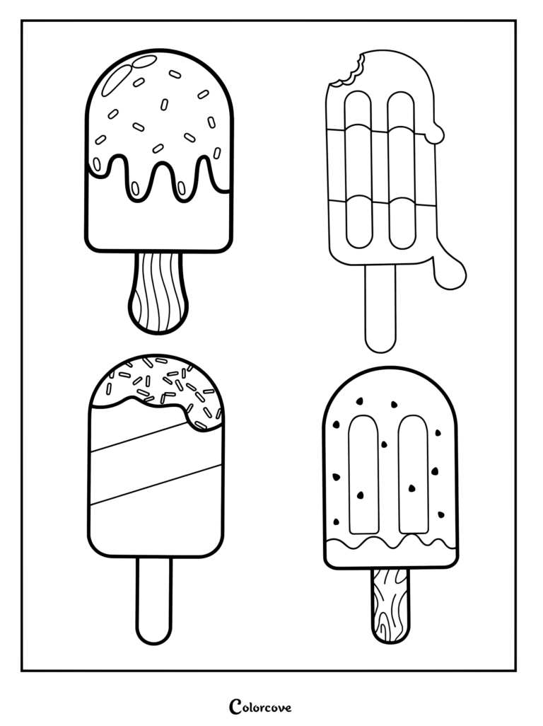A coloring page featuring four distinct ice cream popsicles, including one with sprinkles, a bitten triple-layered treat, a striped popsicle with sprinkles, and a dotted popsicle with a wooden stick.