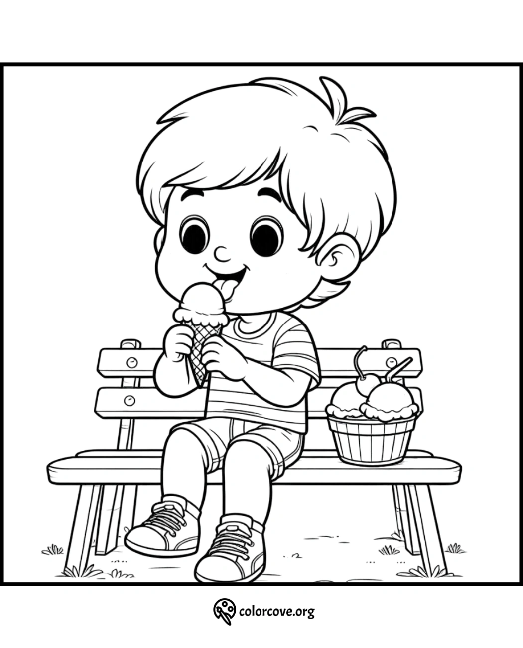 Child eating ice cream on a bench coloring page, download free printable coloring pages at colorcove.org.